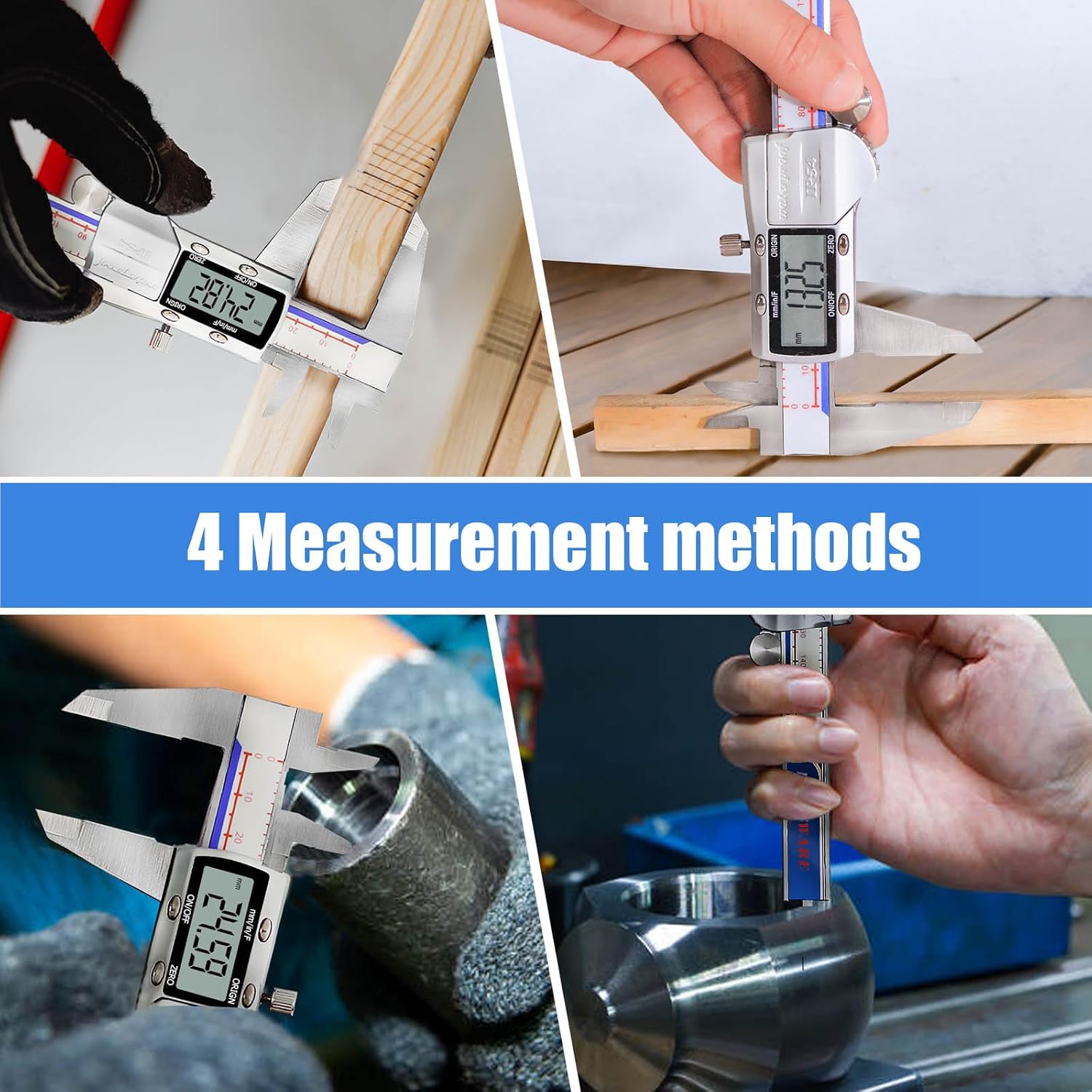 Four images demonstrating different measurement methods using the LOUISWARE Digital Caliper.
