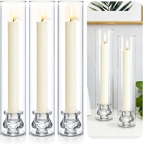 Juego de 3 portavelas de vidrio de huracán de 12.6 pulgadas, portavelas de vidrio abierto de dos lados y candelabros cónicos de 2.2 pulgadas, a
