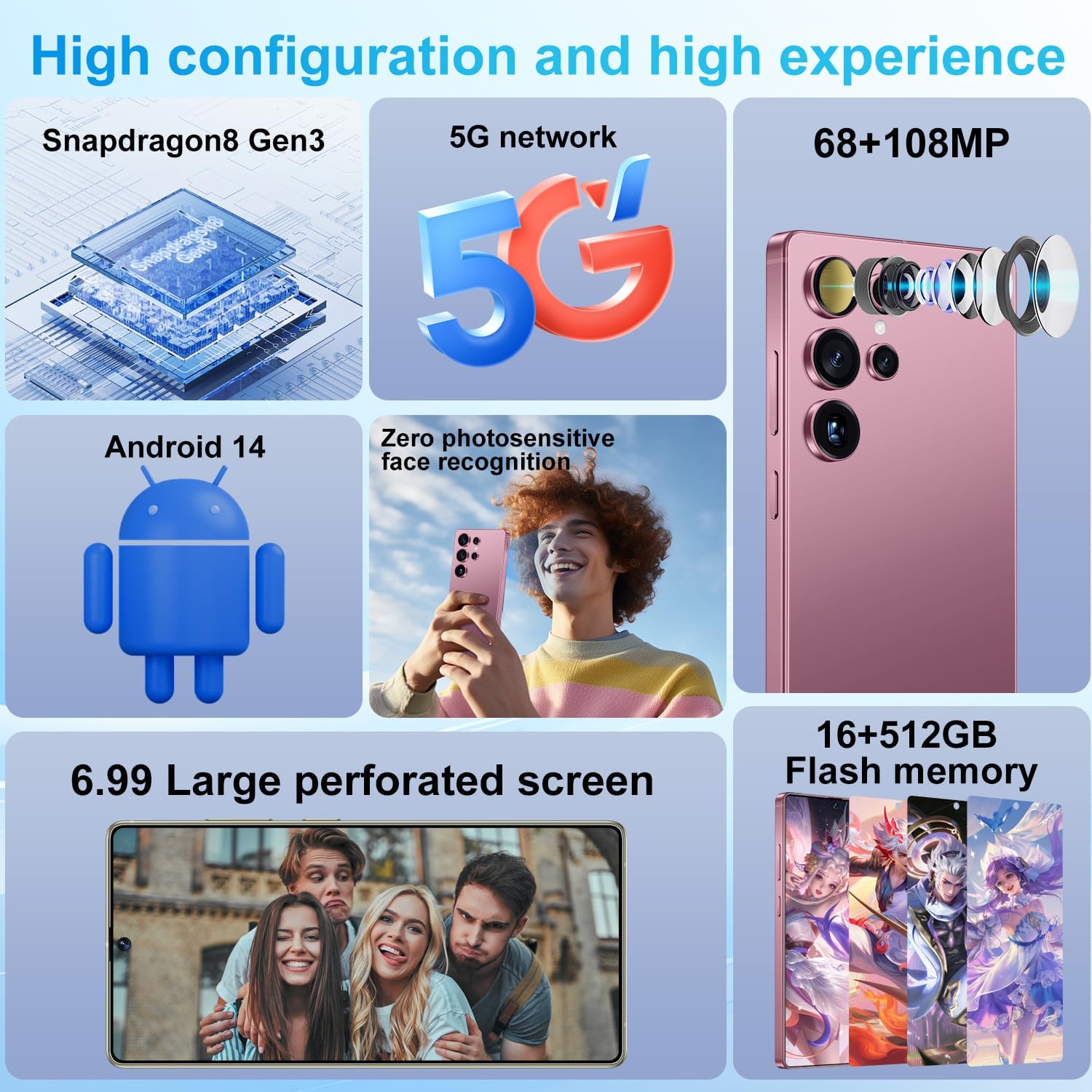 Huness I25 Ultra Unlocked Phone,Built in Pen The Phone,Cell Phone Battery 7000mAh 6.99" HD Screen,Android 14 16+512GB Smartphone,Dual SIM/5G/Face ID/Fingerprint Lock/GPS (Rose Gold, 16+512)