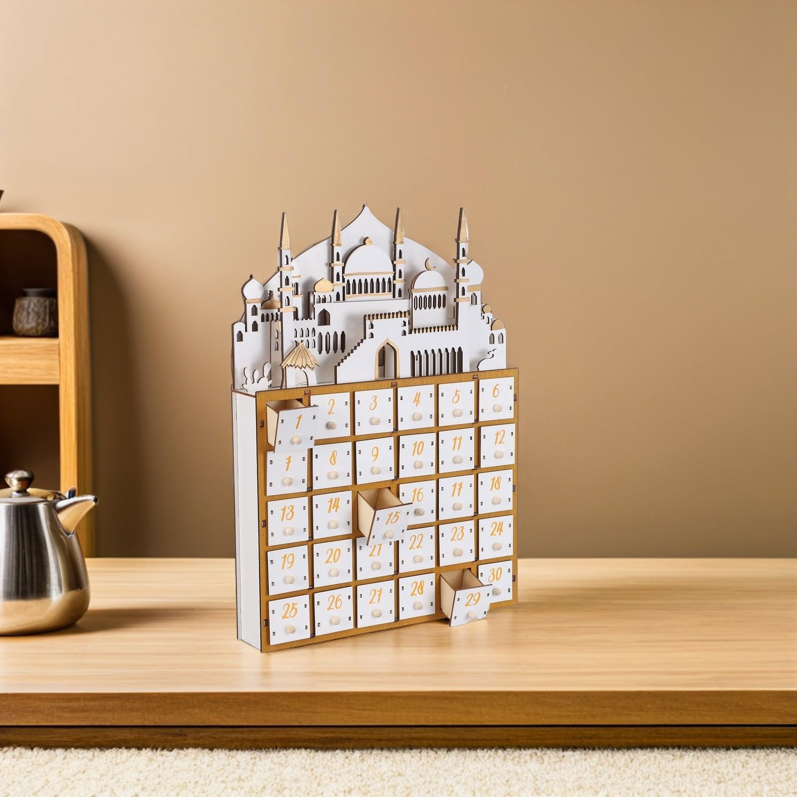 Calendario de Adviento de Ramadán para Adultos 30 Cajones de Madera, Función de Cuenta Regresiva y Luz LED para Decoración en Fiestas