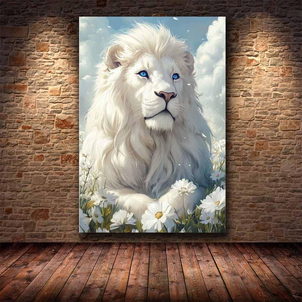 AMXBZC Affiche décorative chambre d'enfant Fleur de lion blanc Moderne animaux de safari en afrique - Poster Images Murales - Décoration chambre de bébé(Blanc)-40x60cm Encadrée