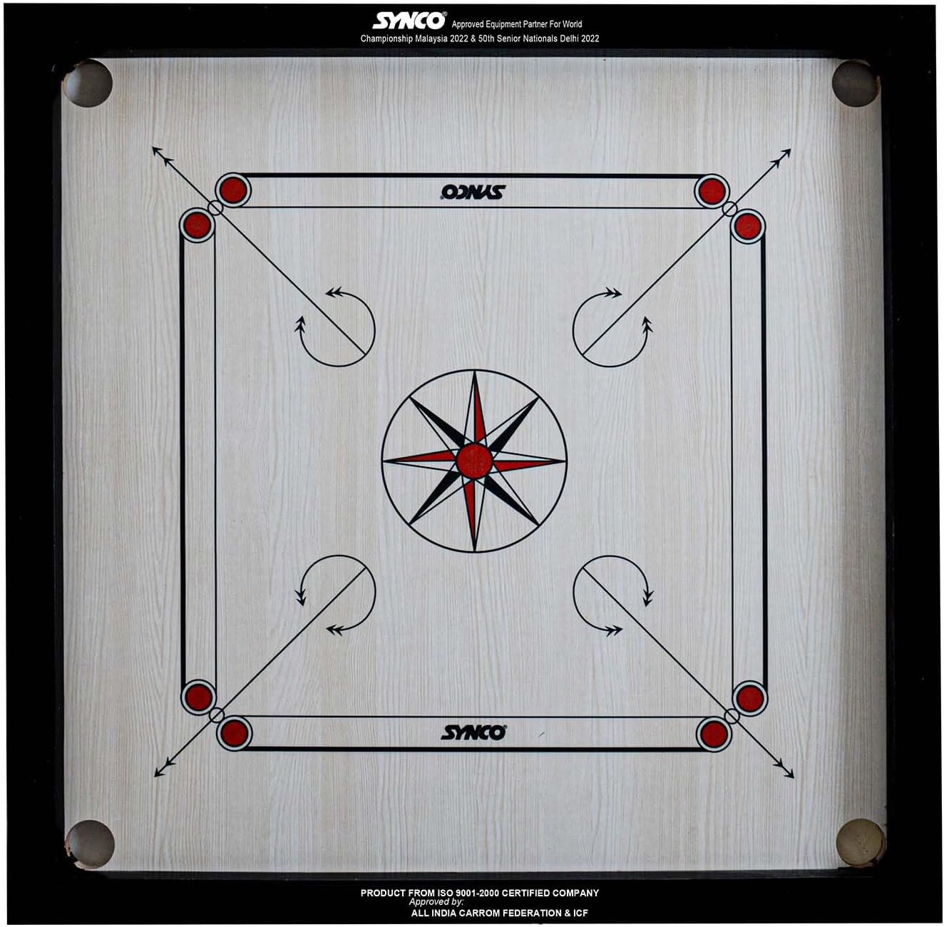 Synco 33" Inch Wooden Carrom Board with 4mm Ply | Matte Black Finish | Water-Resistant | High Re-Bounce Capabilities | Premium Natural Indian Plywood | Large Carrom Board with Free Coins/Striker