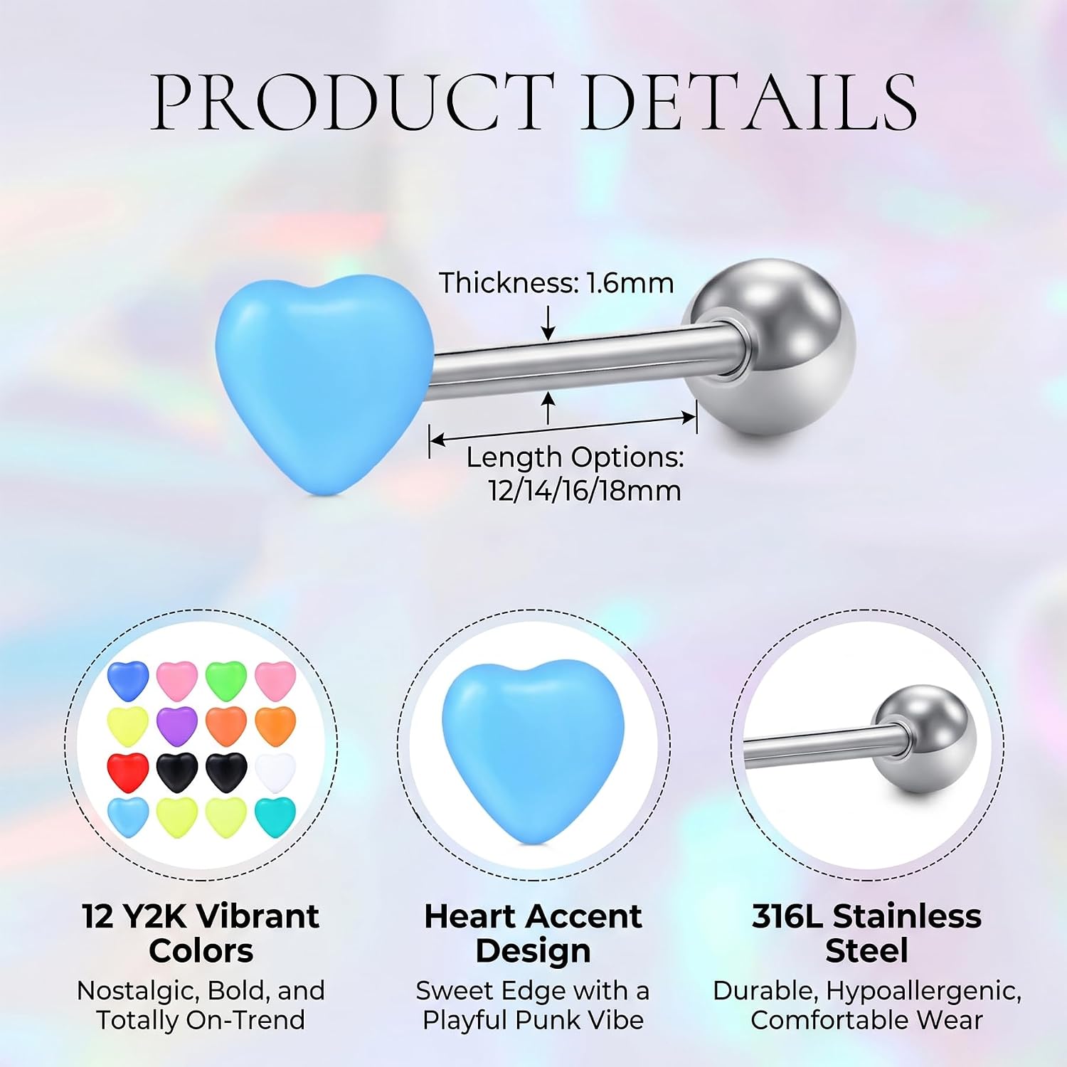 AVYRING 12Pcs Heart Tongue Rings Set – 14G Stainless Steel & Acrylic Tongue Piercing Jewelry with Assorted Colors, 12mm 14mm 16mm 18mm Bar Length, Cute Barbells Piercing Jewelry for Women Men