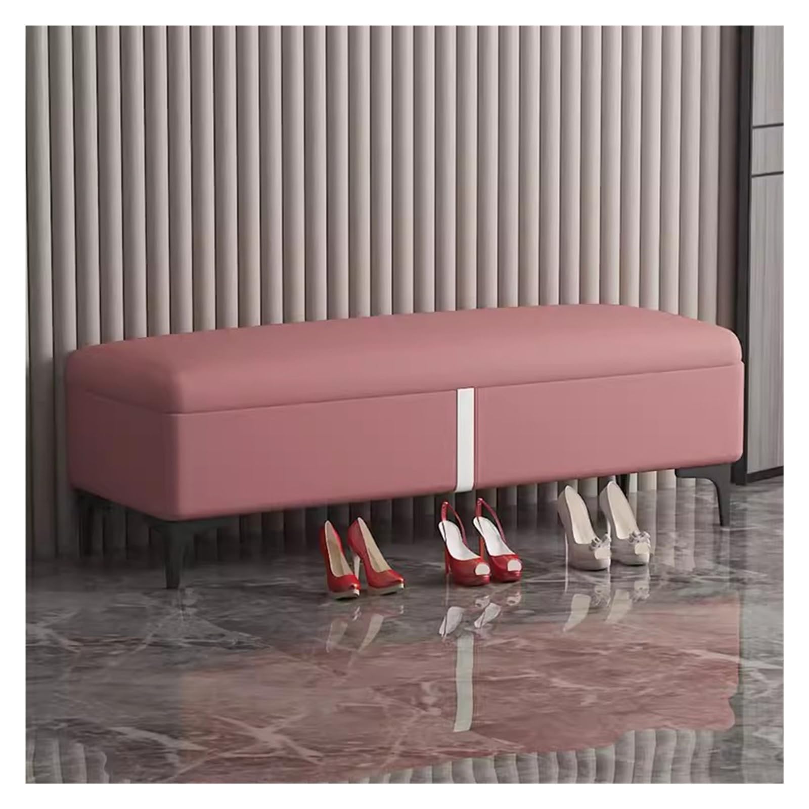 Repose-pieds en tissu rose relevable avec coffre à chaussures intégré