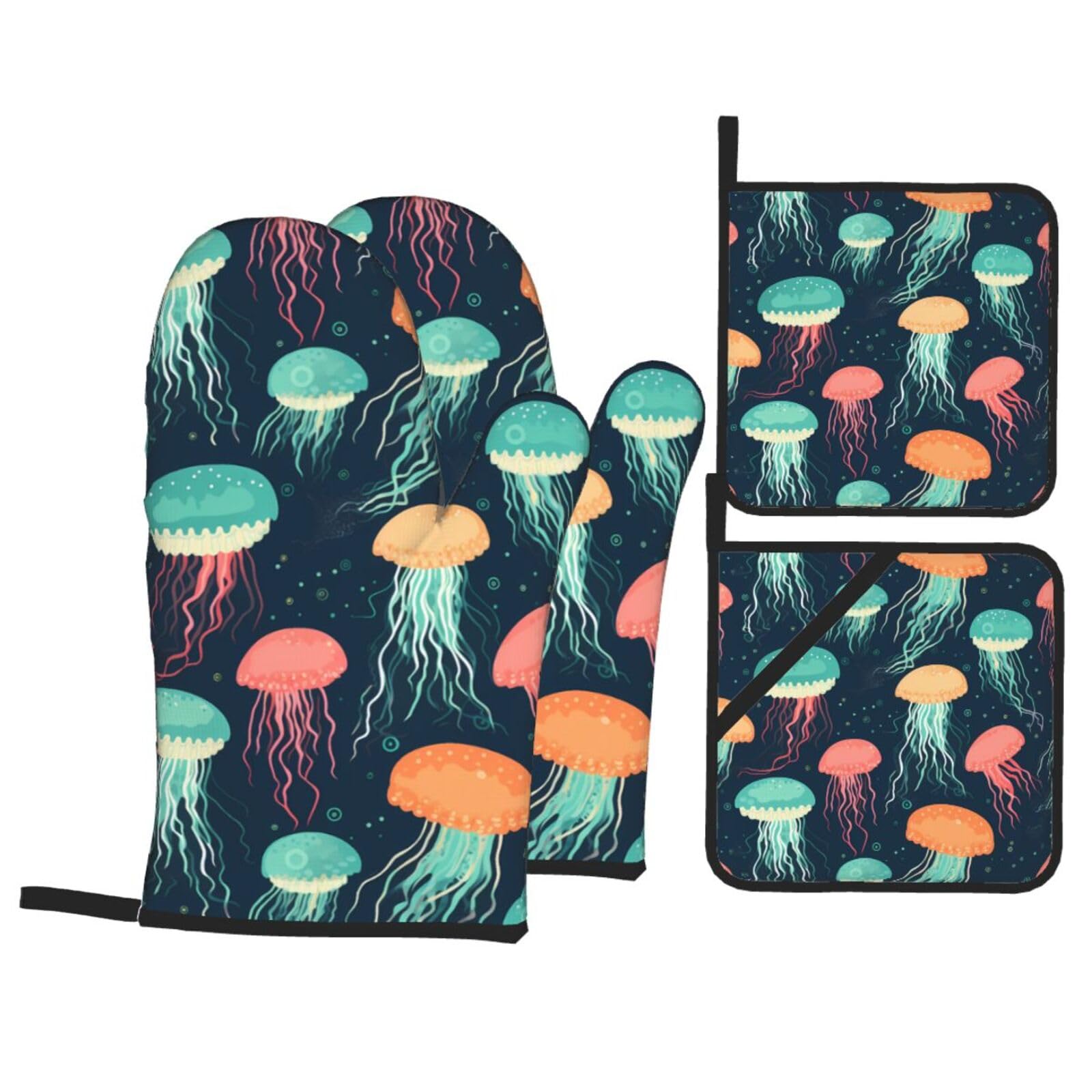 HJFCZH Jellyfish Pattern Picture Kitchen Baking Set of 4 Thick Insulated Oven Mitt & Pot Holders, Anti-Scalding for Microwave, Oven, Outdoor BBQ
