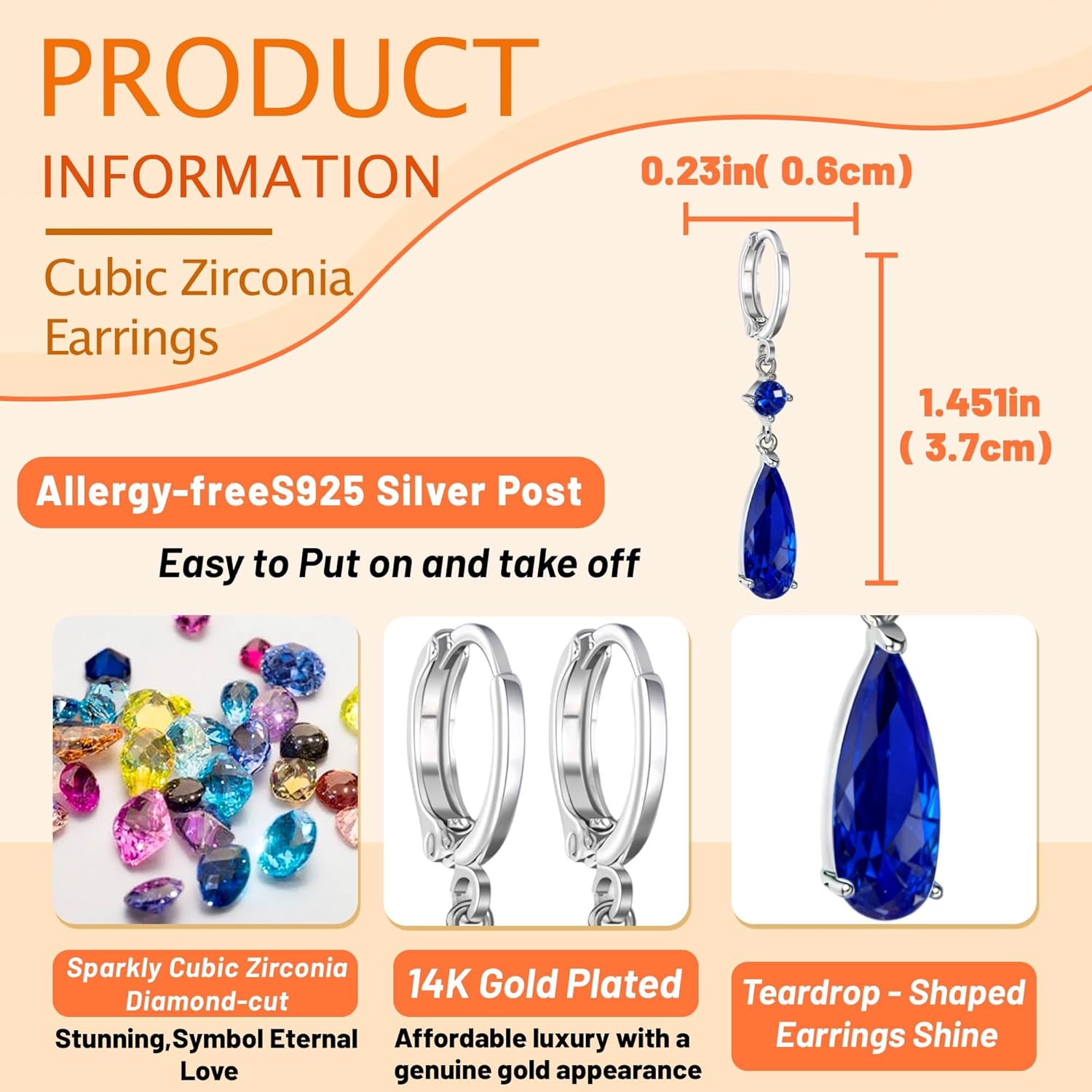 Trendy Cubic Zirconia Teardrop Dangle Drop Earrings for Women 14K White Gold Plated Hypoallergenic Jewelry(with Gift Box) - Image 4