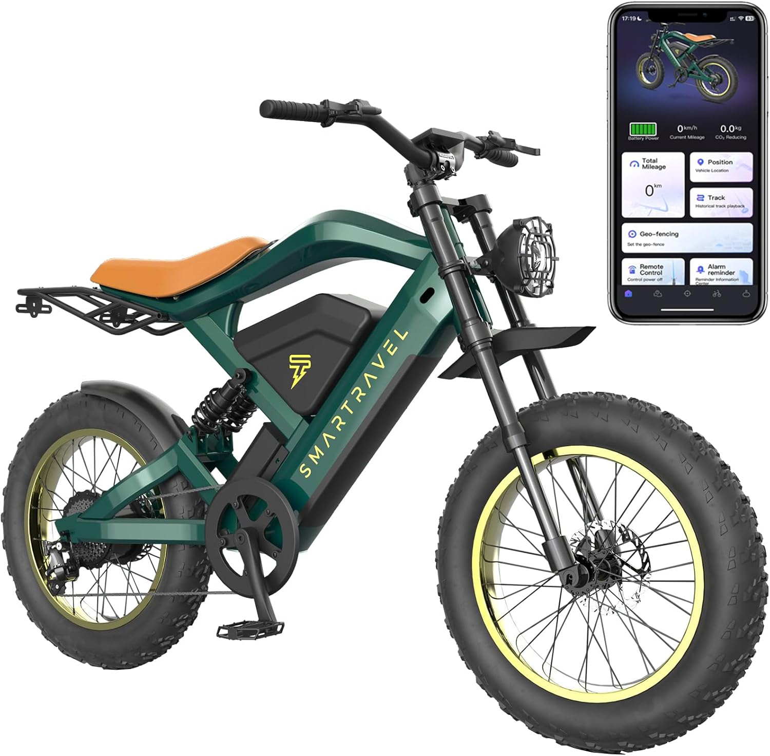 SMARTRAVEL Electric Bike 20"*4.0 Fat Tire for Adults | GPS and APP Control Ebike, 1200W Brushless Motor, 48V/20Ah, Removable, UL&GCC Certification Battery, 60Miles Range | 48V/20Ah, Removable, 30MPH