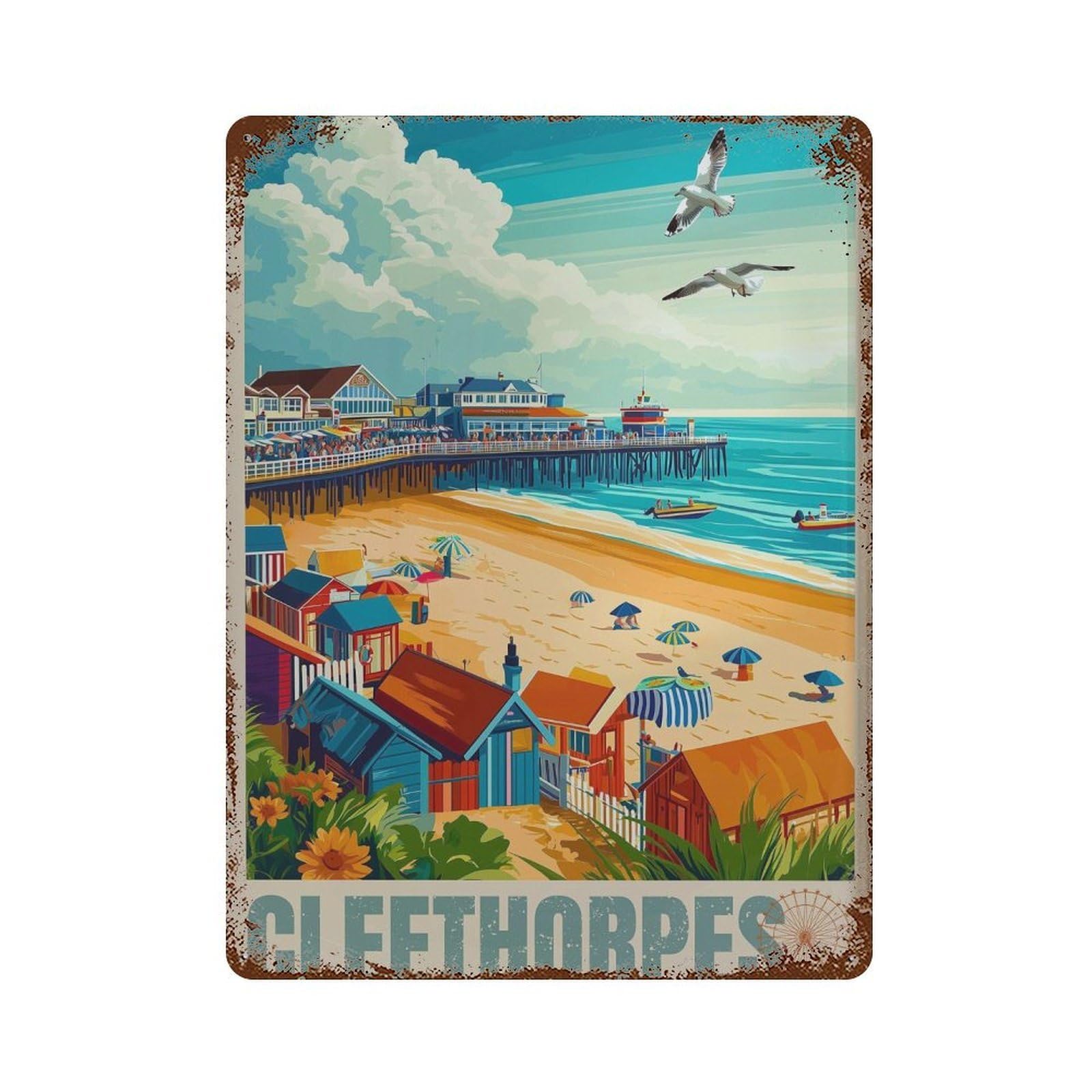 xiaoxiaoshen Cleethorpes England Travel Illustrated Beach (2) Wall Decor Art Metal Tin Poster Modern Home Decor Art Home Bar Shop Decorations Vintage Sign 40x30cm