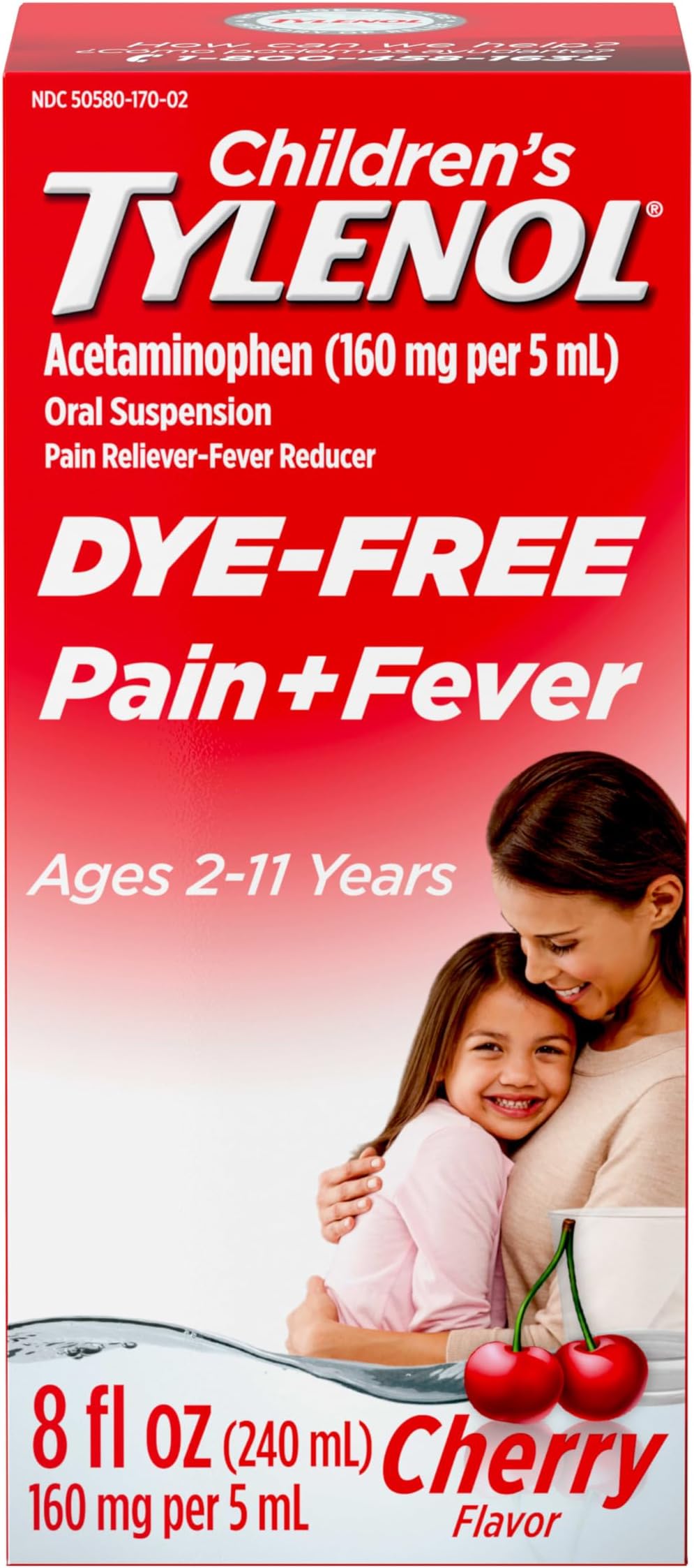 Children's Tylenol Liquid Pain Relief & Fever Medicine, Oral Suspension, Dye-Free, Acetaminophen, No Aspirin, No Ibuprofen, No High Fructose Corn Syrup; Cherry Flavor, 8 fl. oz.; Pack of 1