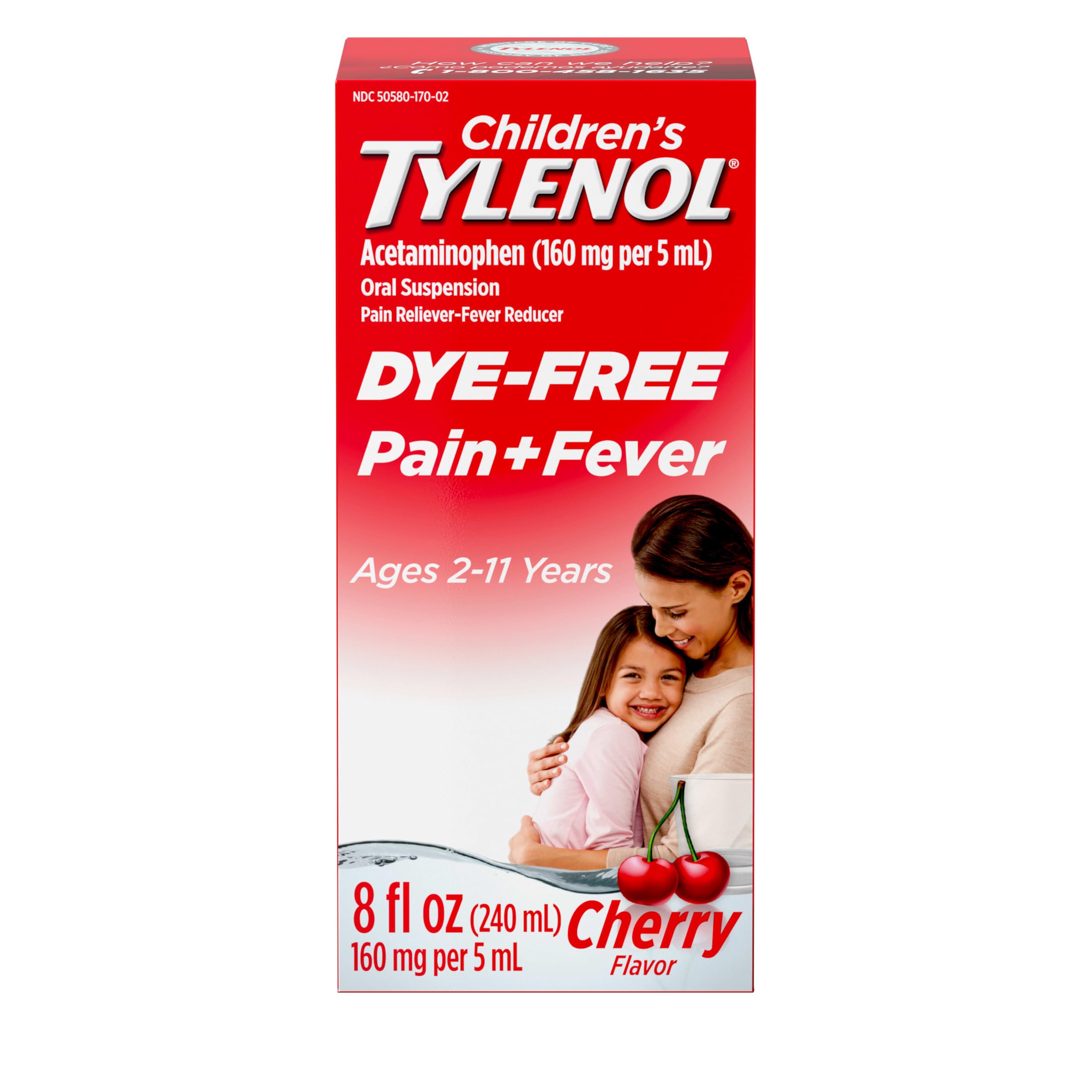 Children's Tylenol Liquid Pain Relief & Fever Medicine, Oral Suspension, Dye-Free, Acetaminophen, No Aspirin, No Ibuprofen, No High Fructose Corn Syrup; Cherry Flavor, 8 fl. oz.; Pack of 1