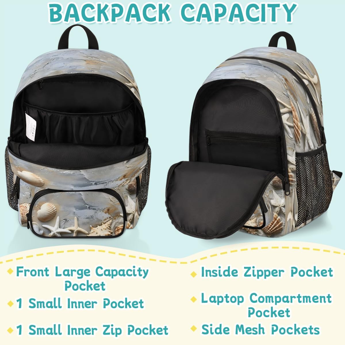 Seashell Starfish Ocean Beach Laptop Backpack for Women Men, 18.3 Inch Large Computer Backpacks Fashion Teacher Nurse Bag Casual Daypack for Work Travel