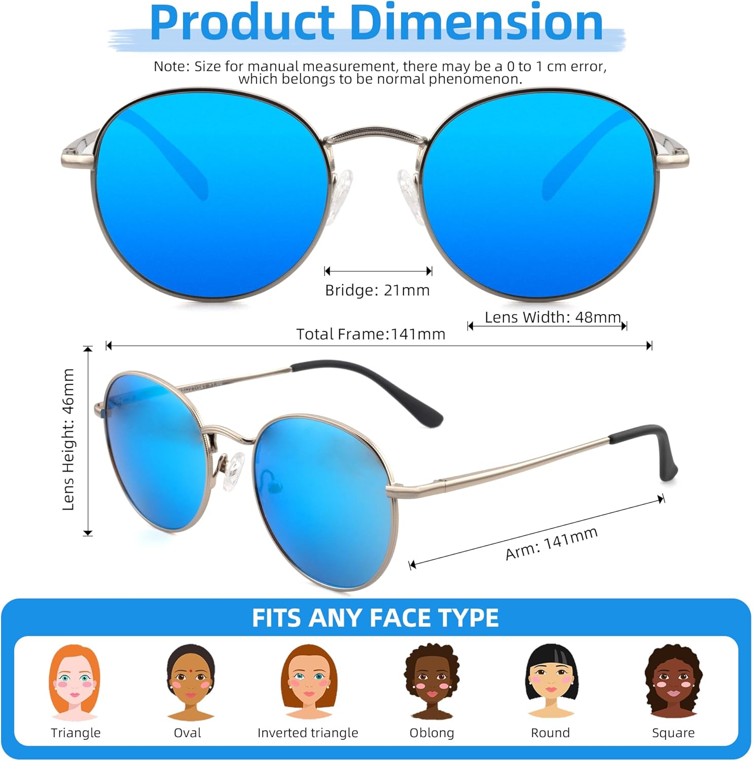 Round Full Reading Sunglasses Women Men, Mens Womens Sun Readers Metal Circle Frame Mirrored Pink Blue NON BIFOCAL Silver Frame Mirrored Blue Lenses, 3.00 - Image 2