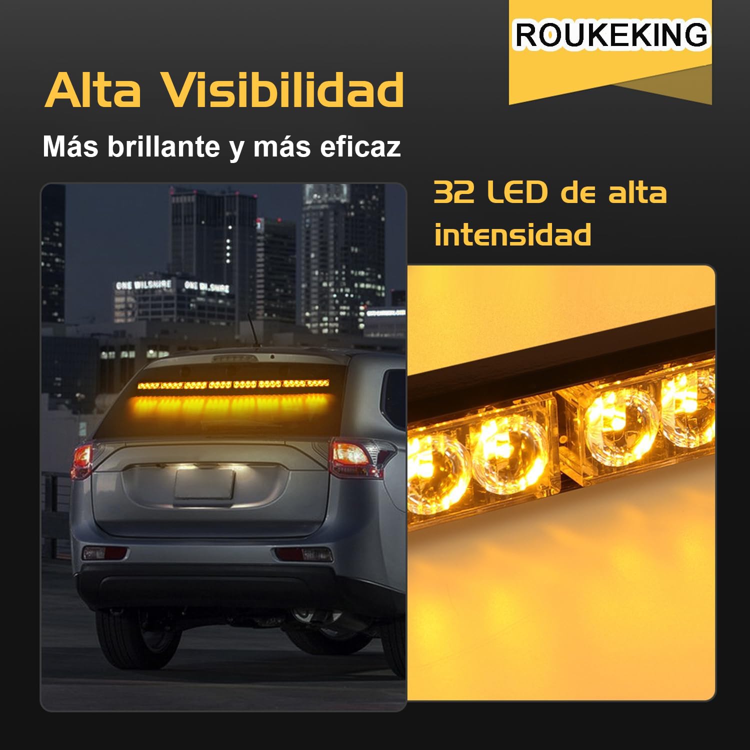 Barra Luz Emergencia 35,5 Pulgadas 32 LED Ámbar 12V 13 Modos Stroboscópica Luz Advertencia Vehículo Asesor Tráfico IP65 Encendedor Coche Camión