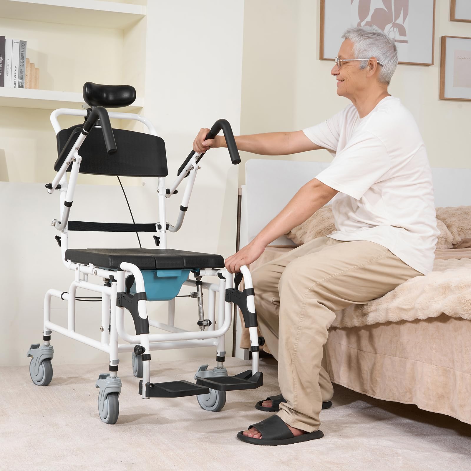 VEVOR Silla de Ruedas de Ducha de Aleación de Aluminio para Ducha Interior, con Freno para Adultos Discapacitados, Silla de Transporte de Ducha de 136 kg de Capacidad, 1085 x 550 x 1315 mm, Negro