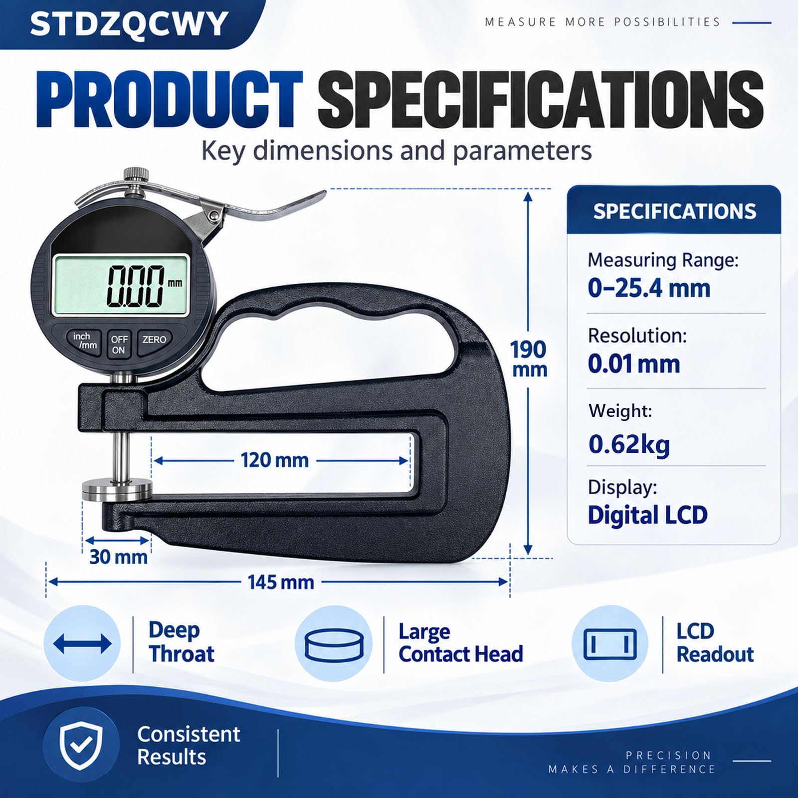 Medidor De Espesor Digital De Garganta Profunda, Rango De 0-25,4 Mm, Resolución De 0,01 Mm, Profundidad De Garganta De 120 Mm, Cabezal De Medición Grande De 30 Mm, Pantalla Lcd, Para Película,