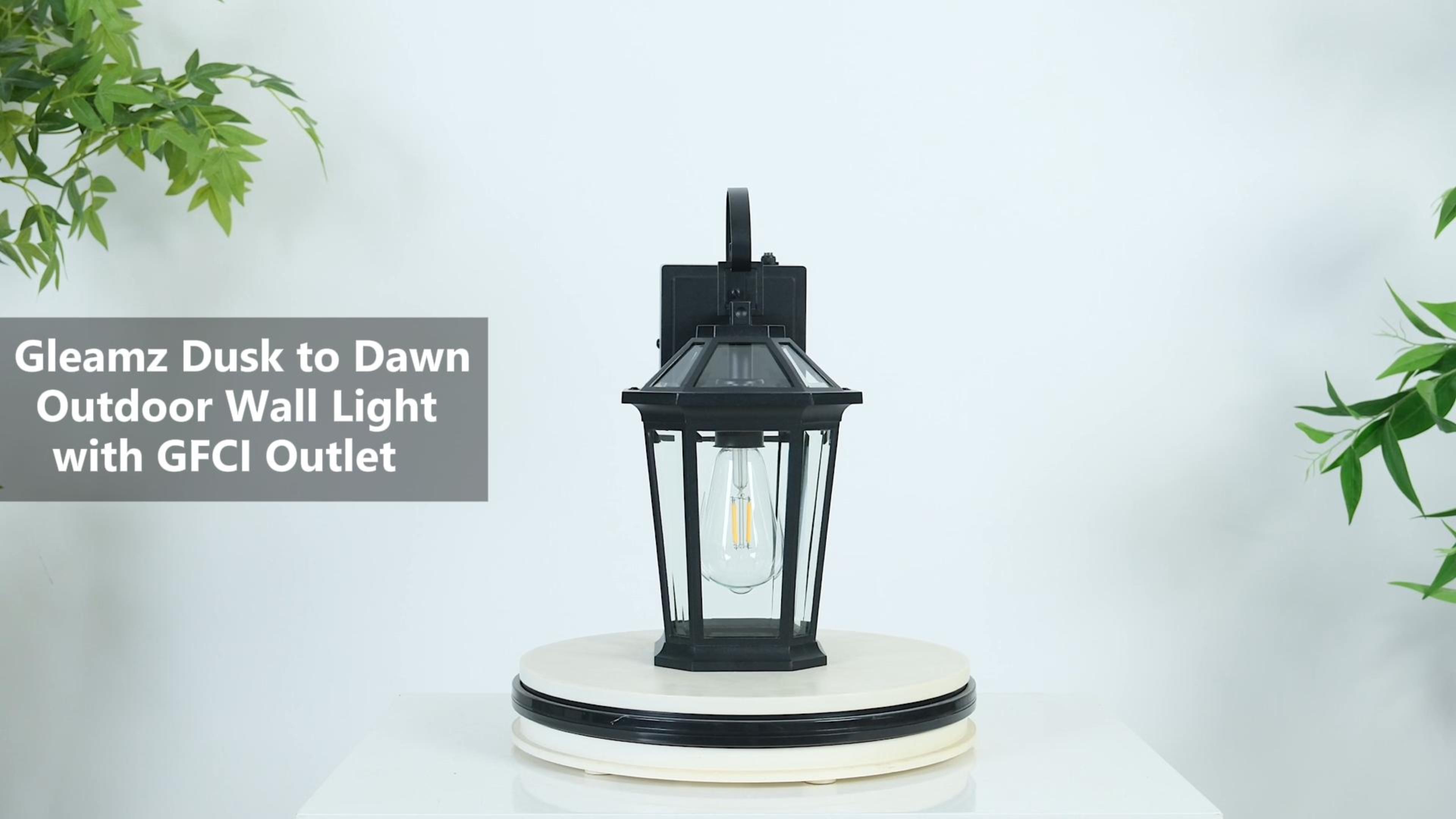 Image of Gleamz Black Dusk to Dawn Outdoor Light with GFCI Outlet, Aluminum