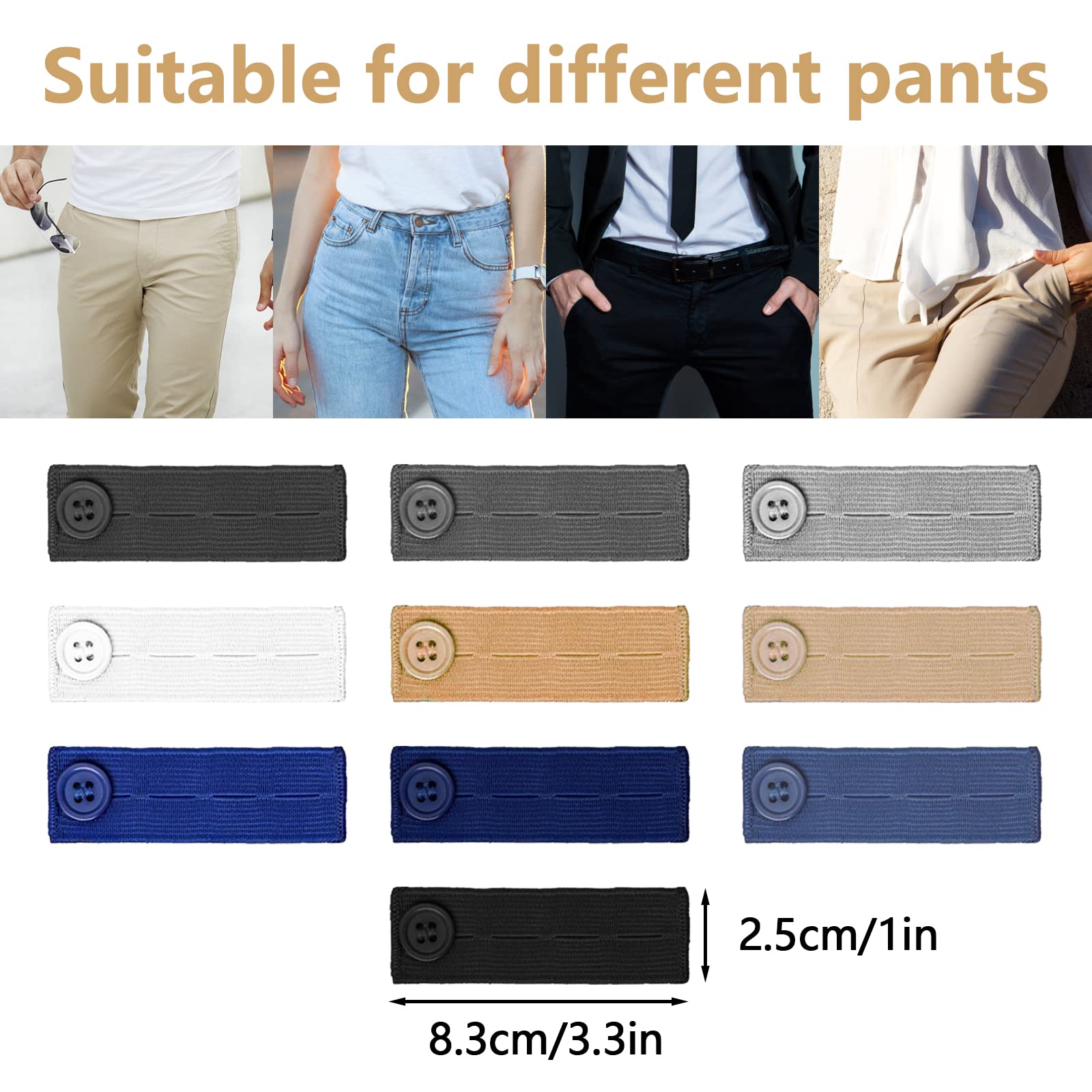 Lot De 10 Extenseurs De Taille élastiques Pour Pantalons - Ajustement Réglable - Noir, Bleu, Blanc, Gris, Kaki - 8.3x2.4 Cm