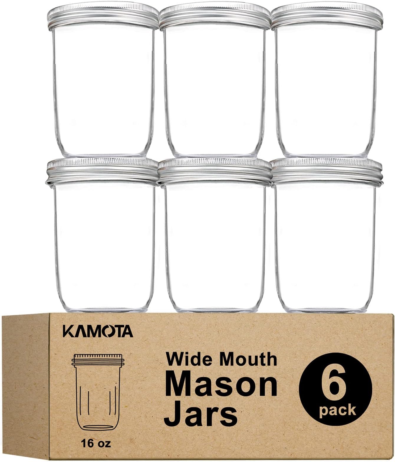KAMOTA Wide Mouth Mason Jars 16 oz, 16oz Mason Jars Canning Jars Jelly Jars With Wide Mouth Lids and Bands, Ideal for Jam, Honey, Wedding Favors, Shower Favors, Baby Foods, 6 PACK