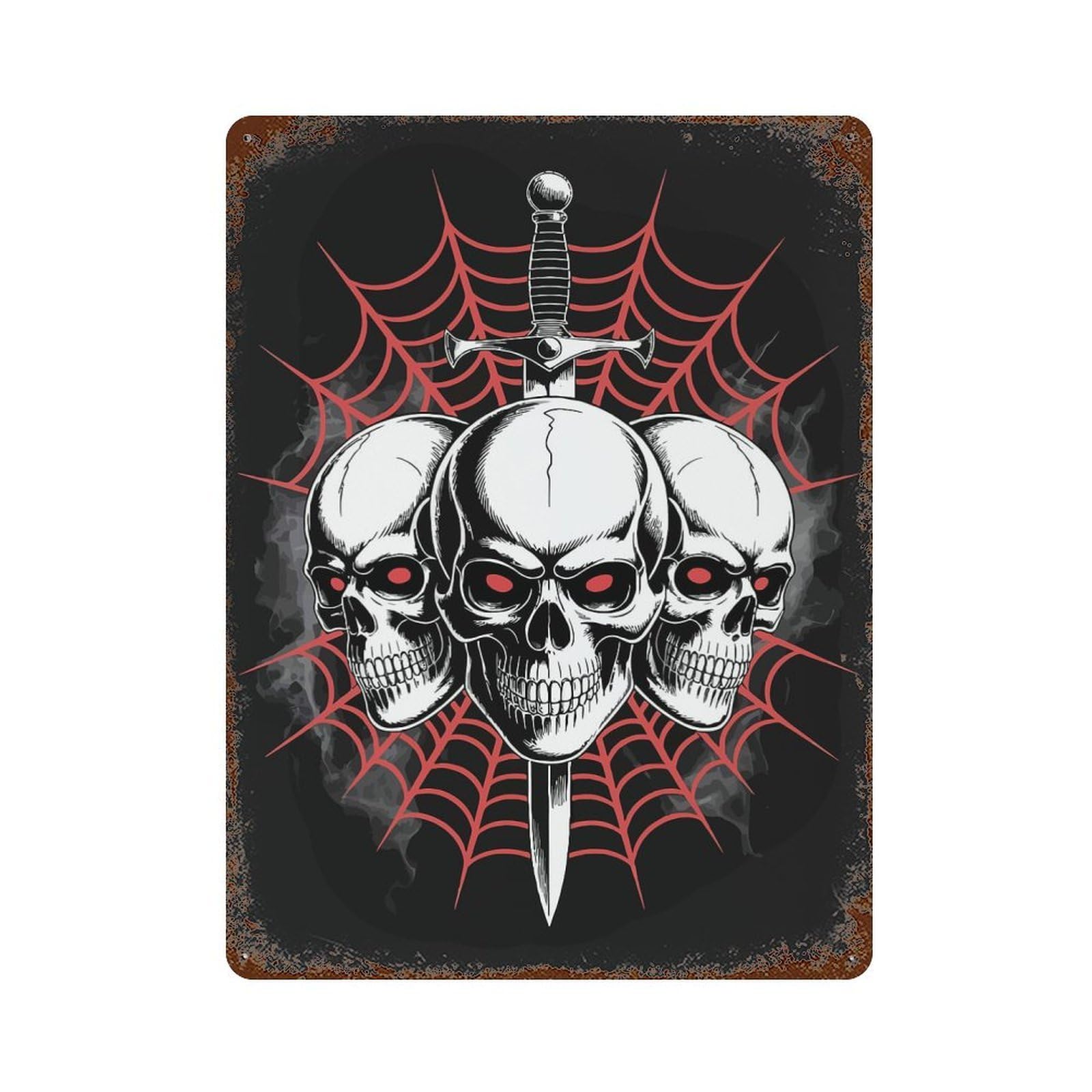 Skulls, Sword, And Spiderweb Illustration Aged Metal Wall Plaque 15.7"x11.8", Industrial Home Decor for Pub, Kitchen And Man Cave Decor