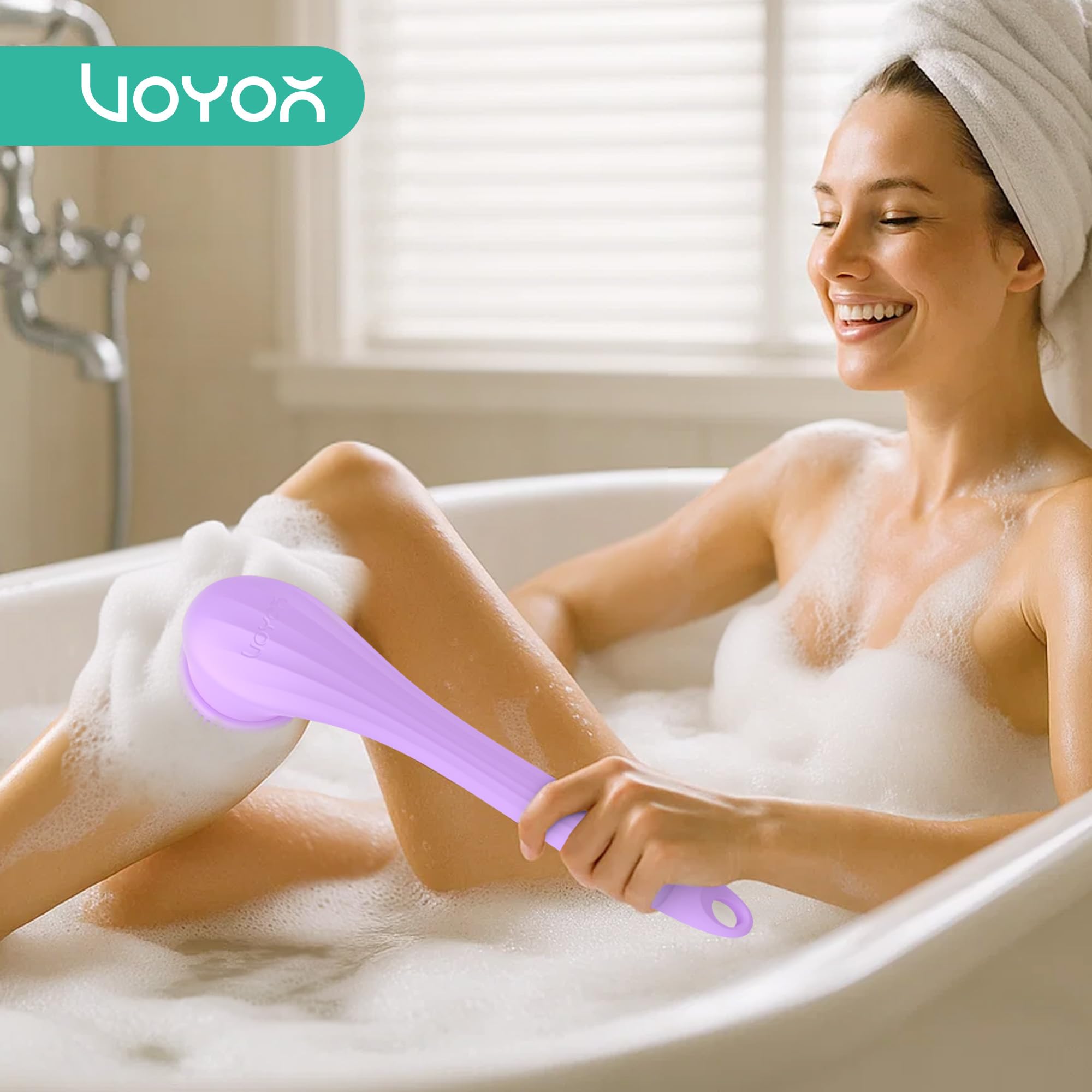 VOYOR 4-IN-1 Spazzola Schiena Doccia Spazzola Corpo Elettrica Spugna Doccia Silicone Con Manico Lungo IPX6 Impermeabile 4 Accessori Per Spazzola Esfoliante 2 Ingranaggi Spazzola Doccia BC300 (Viola)