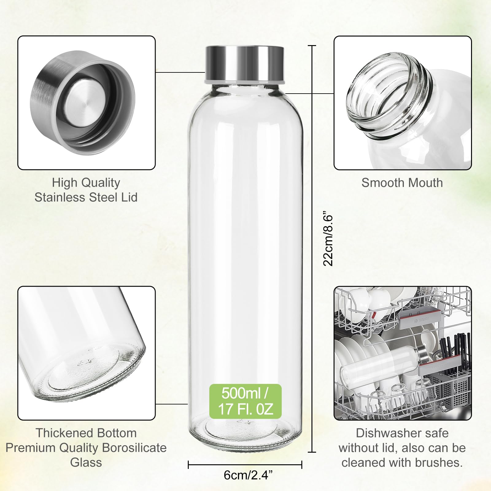 Bottiglie Vetro 500ml Riutilizzabili,Bottiglie Vetros Per Acqua,Confezione da 6 Bottiglie Di Vetro Vuote con Tappi,Per Frullati,Bottiglie Di Succo In Vetro con Tappi Ermetici - 3