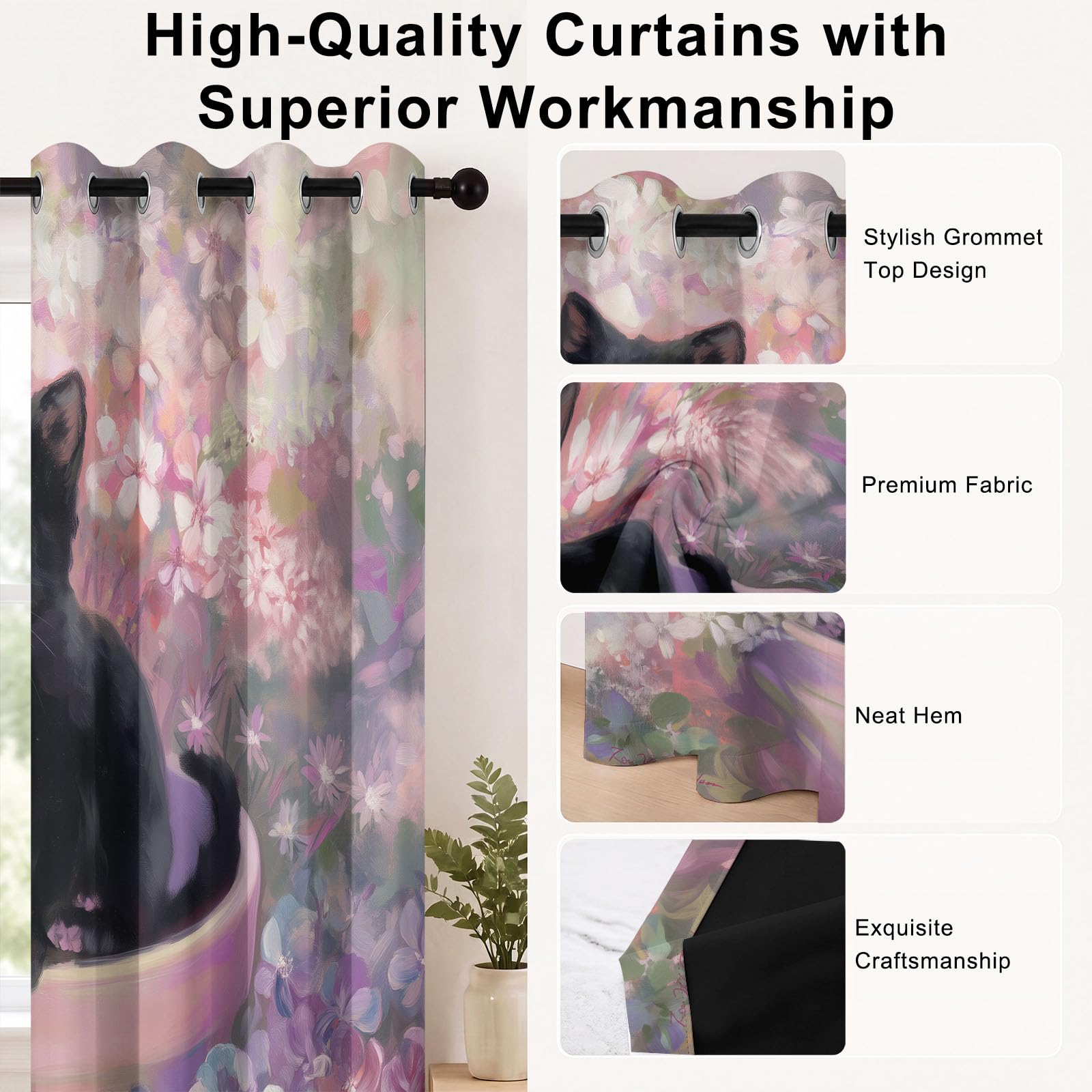Generisch Cortinas térmicas para sala de estar, cortinas opacas japonesas lindas con ojales, diseño de gato y flores, cortinas opacas con aislamiento térmico para dormitorio, 215 x 140 cm (alto x