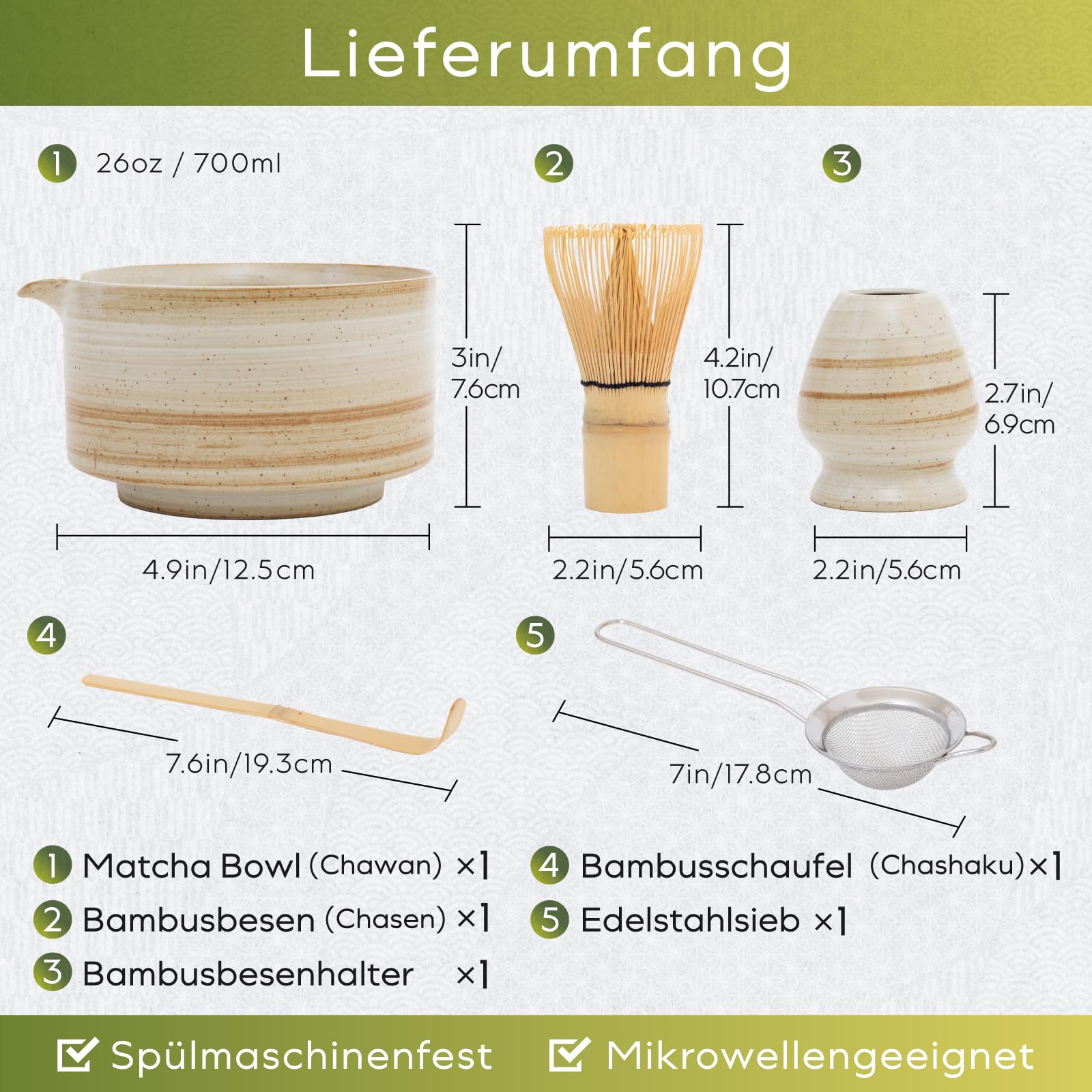 HIBINO Japanisches Matcha Set – Matcha Schale mit Ausguss, Matcha Besen & Halter, Bambus Löffel & Edelstahl-Sieb – 5-teilig – Traditionelles Matcha Kit – Design aus Japan – „Rustikales Beige“