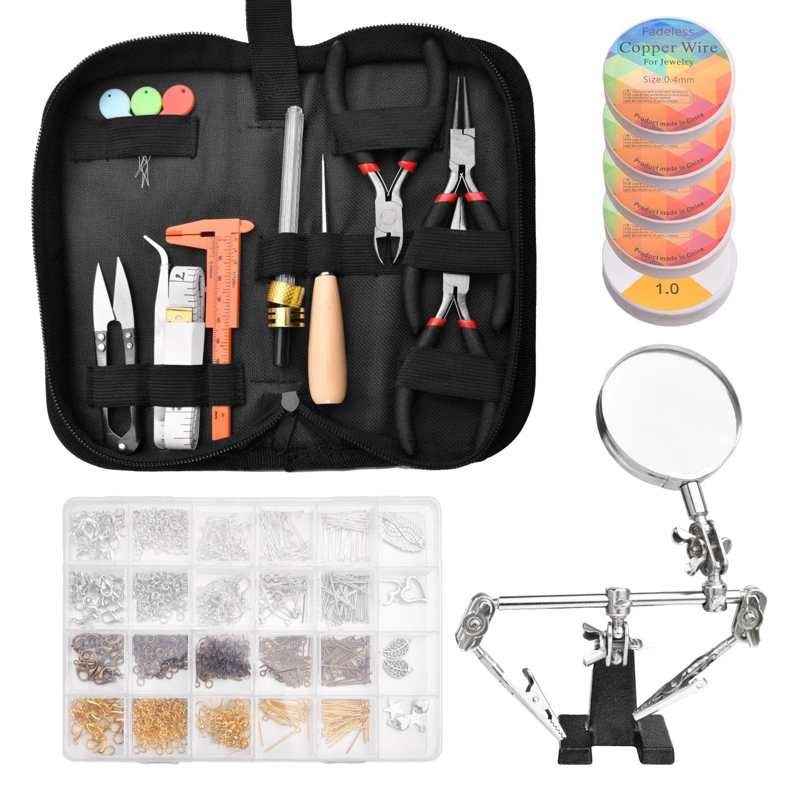 LEONTOOL Schmuckherstellungszubehör-Set mit 4-facher Vergrößerung, helfende Hände, 1090-teiliges Schmuck- und Perlenwerkzeug-Set, professionelles Drahtwickelzubehör für Schmuckreparatur und