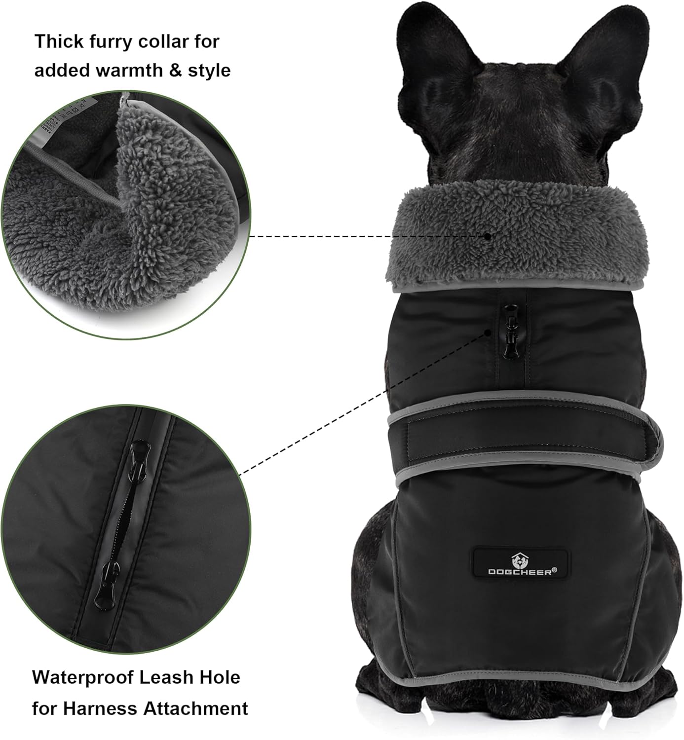 Dogcheer Dog Coat, Waterproof Dog Jacket Reflective Pet Winter Coat with Adjustable Hook & Loop, Christmas Puppy Fleece Jacket Warm Turtleneck Snowsuit for Small Medium Large Dogs - Black, L