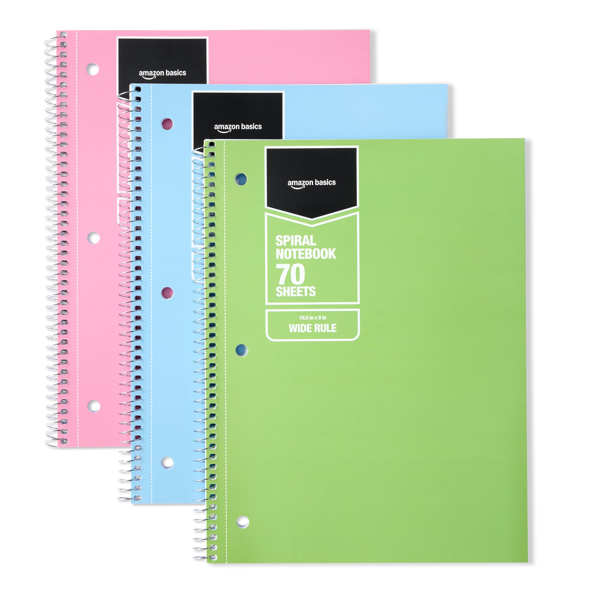 Amazon Basics College Ruled Spiral Notebook, 70 Sheets, 7-1/2" x 10-1/2", 3 pack, Assorted Pastel Solid Colors Assorted Pastel Solid Colors 3