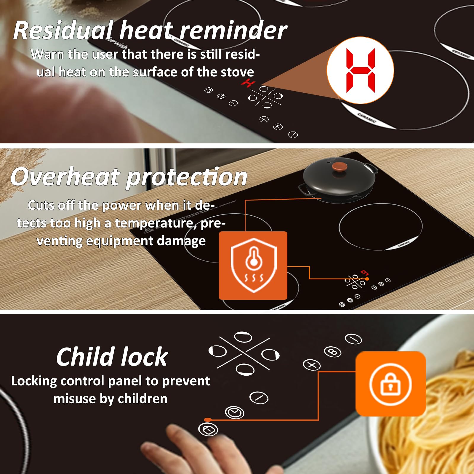 Topwish piano induzione, piano induzione 4 fuochi, piano cottura induzione incasso con sicurezza bambini, funzione boost, controllo touch, indicatore di calore residuo, 60CM, 7200W