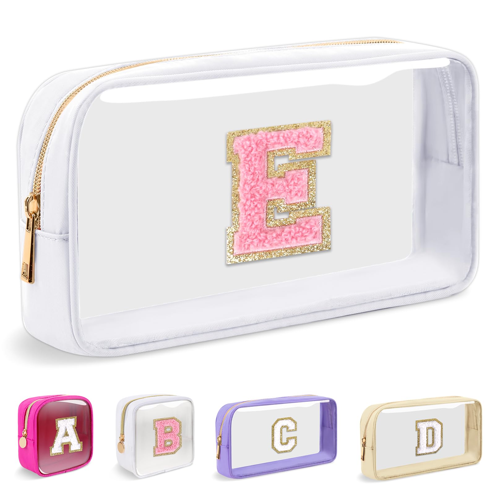 Small Clear Personalized Initial Makeup Bag,Nylon Preppy A-Z Chenille Letter Patch Cosmetic Pouch Beach Toiletry Bag,Waterproof Zipper Travel Purse