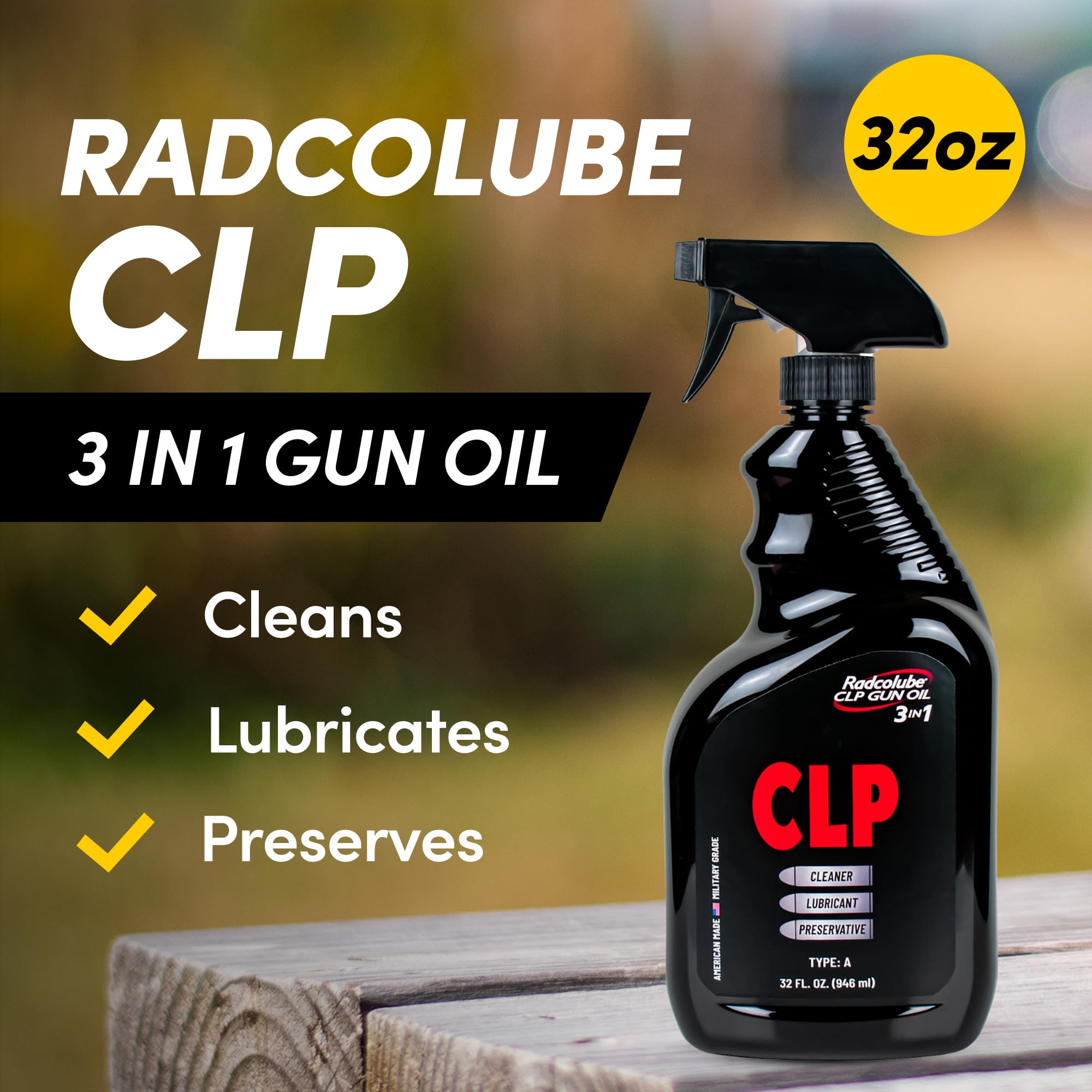 Radcolube - 3-in-1 CLP Gun Cleaner and Lubricant for All Firearms, Military-Grade Gun Cleaner and Lubricant, Gun Oil Spray, CLP Revolutionary Gun Cleaning Kit, 32 oz Spray Bottle