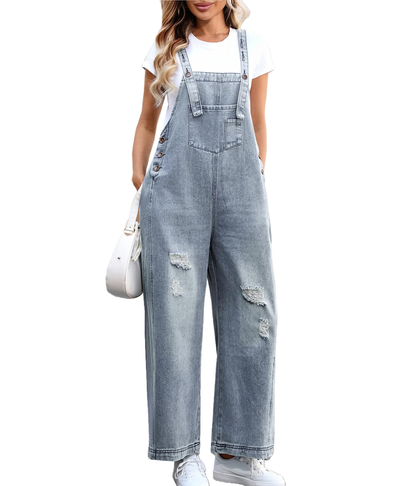 Vidifid Women's Baggy Overalls Loose Adjustable Strap Denim Bib Overall Jeans Distressed Ripped Wide Leg Jumpsuit