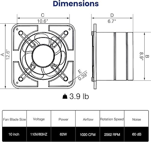Miniatura 2 de Ventilador de escape de alta velocidad de 10 pulgadas para cocina, 1020 CFM, ventiladores de ventilación doméstica para taller, ático, garaje,
