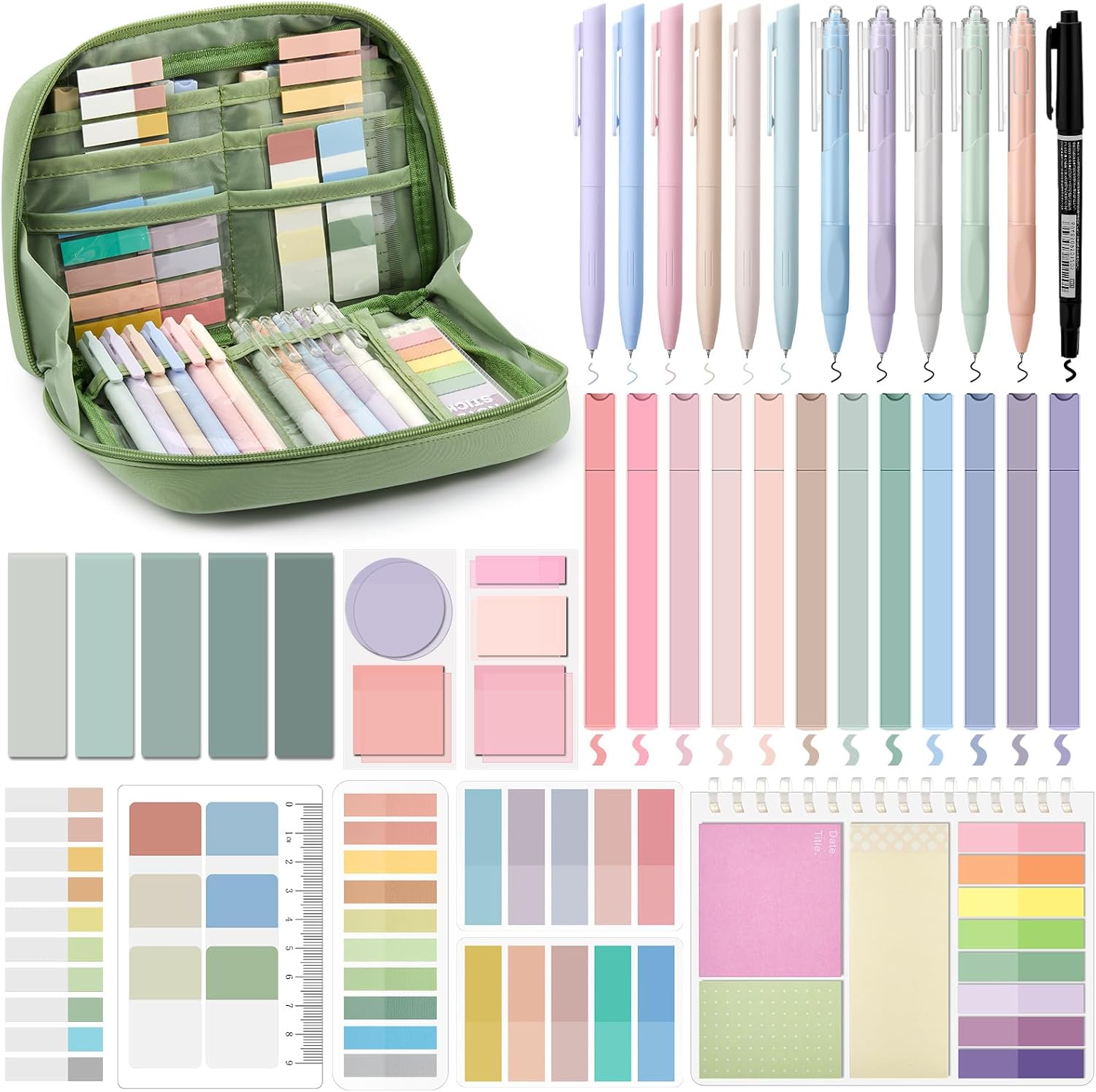 Jutom 41 Pcs Aesthetic Book Annotation Kit with Pencil Bag Bible Journaling Kit Notebook Sticky Note Tab Highlighter Black Ink Pen Page Marker School Office Supplies Christmas Bible Lover Gift(Green)