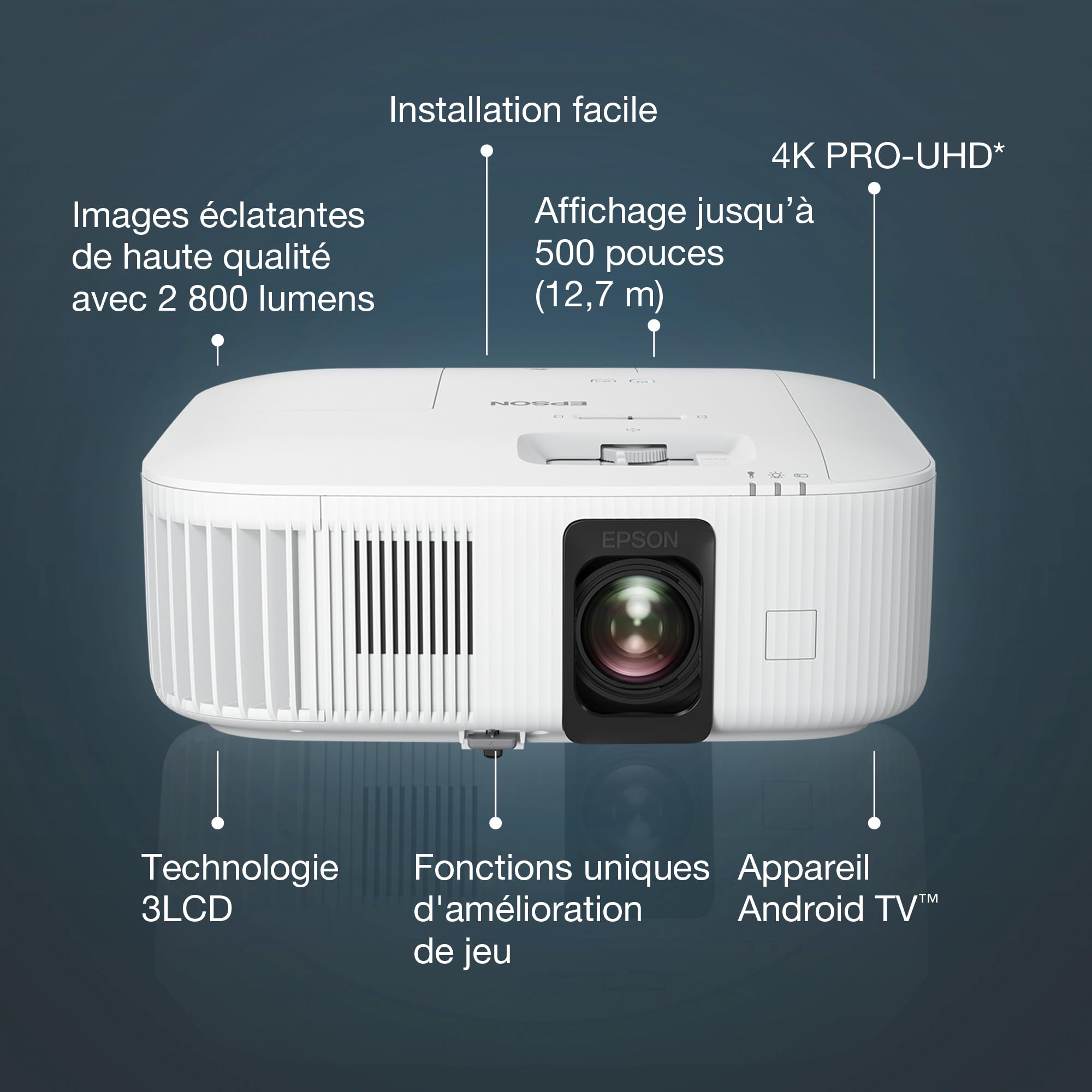 Epson EH-TW6250 | Projecteur 4K Pro-UHD | 2 800 lumens | 3LCD | Android TV | Affichage 500 Pouces (12,7 m) | Configuration Facile avec Correction du trapèze | Domicile et Jeux vidéo | Blanc
