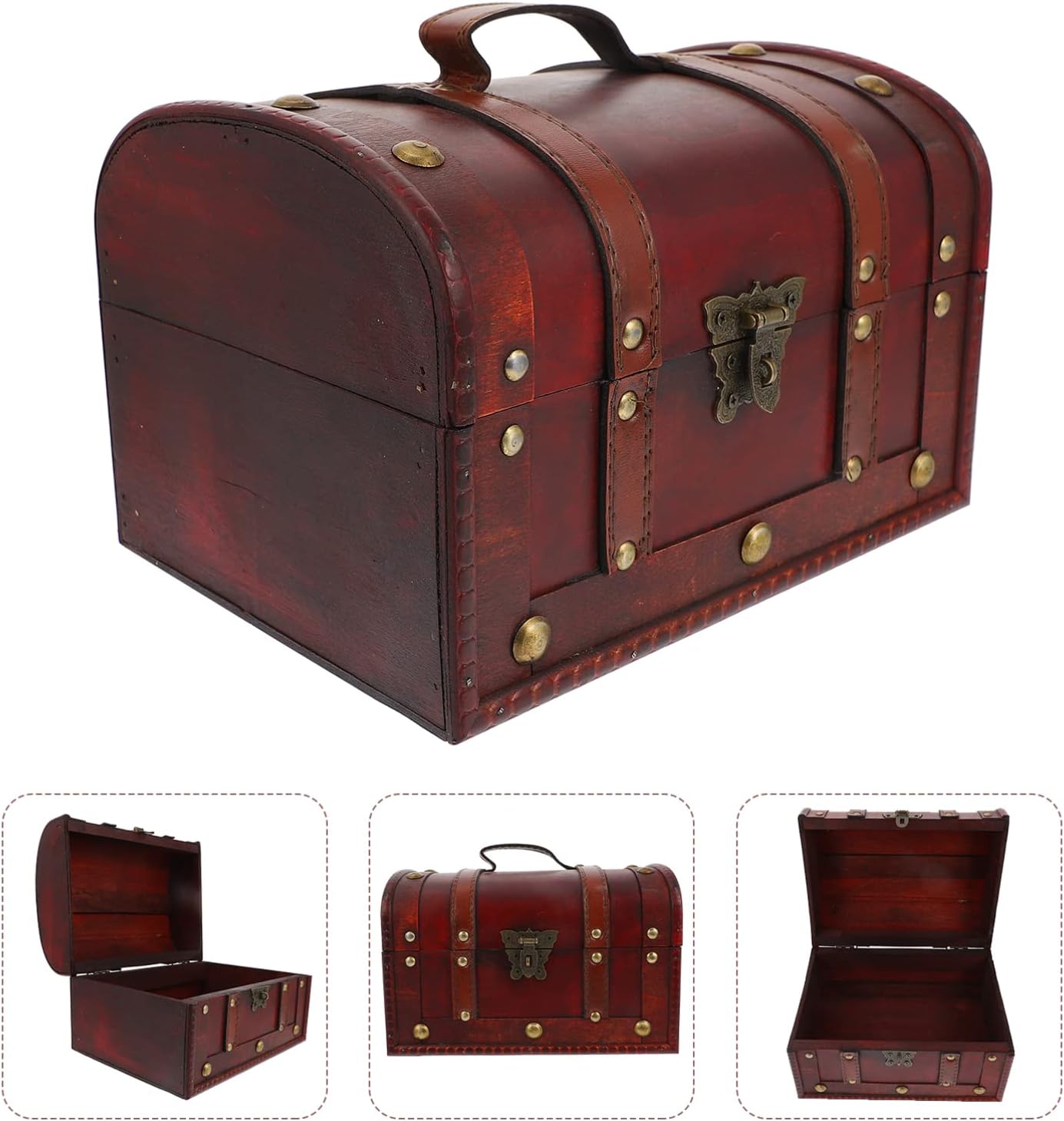 Small Wooden Storage Chest Trunk Decorative Wood Box with Lid Vintage Handmade Storage Box Antique Style Jewelry Organizer Vintage Wooden Treasure Chest Jewelry Box(Dark Red)