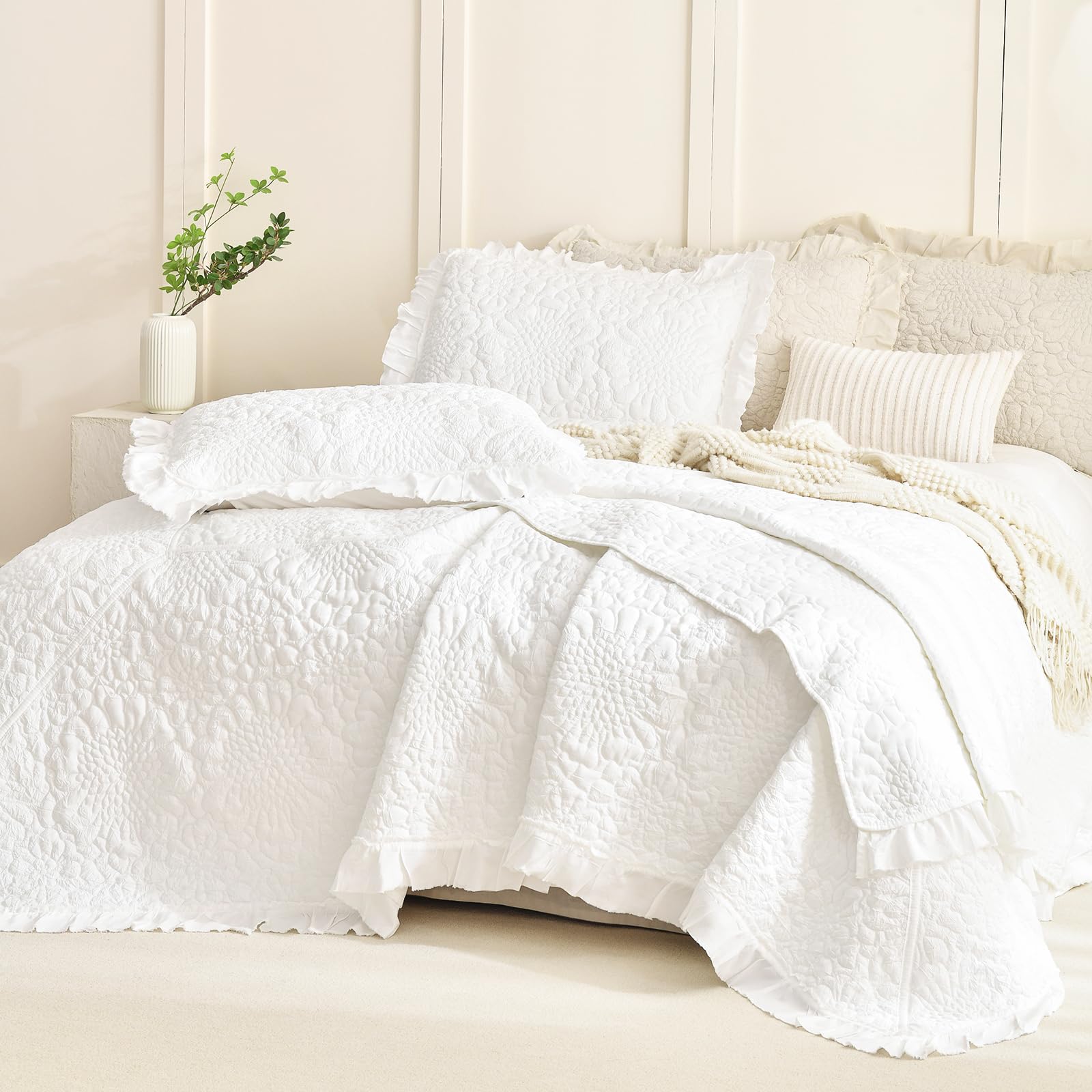 Photo 1 of Masaca White Ruffled Oversized King Bedspread 128"x120",Stone-Washed Microfiber Shabby Farmhouse King Quilt Bedding Set Oversized,3Pcs Lightweight Crinkled Extra Large Boho Bedspread & Coverlet Sets