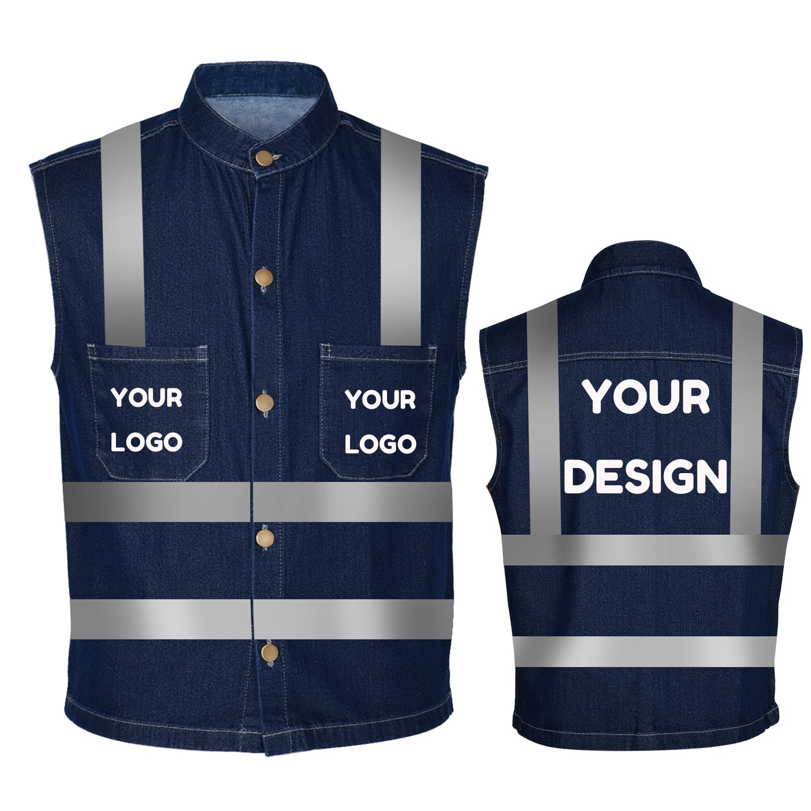 YOWESHOP Men's Reflective Safety Denim Vest，Custom Safety Outdoor Denim Work Vest with Hi-Vis Stripes for Night Commute
