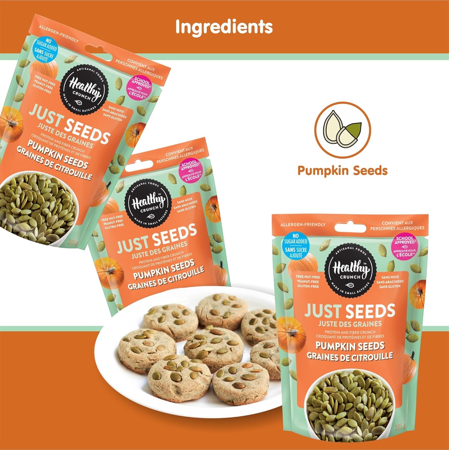 Healthy Crunch - Just Seeds - Pumpkin Seeds 225g x 6 Units - No Added Salted - Raw Seeds - No Added Oil - No Added Sugar - Peanut-Free - Tree Nut-Free - Allergen-Free - Healthy Snacks