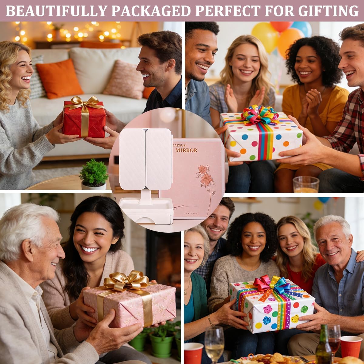 Tri Fold Lighted Makeup Mirror with Storage & 3X Magnification, Small Vanity Mirror, 3-Color Dimmable LED Vanity Mirror, Touch Control Vanity Mirrors, Travel Makeup Mirror for Women (White)