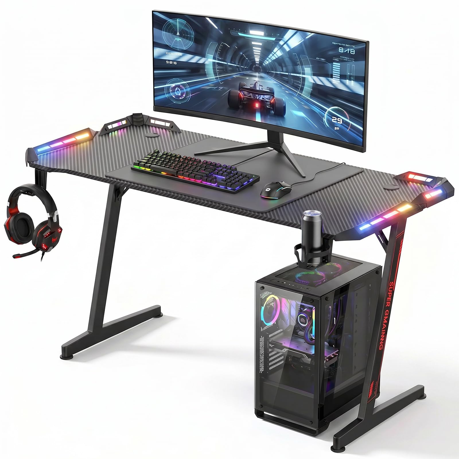 Verdego Tavolo da gaming con illuminazione a LED, scrivania da gaming, 140