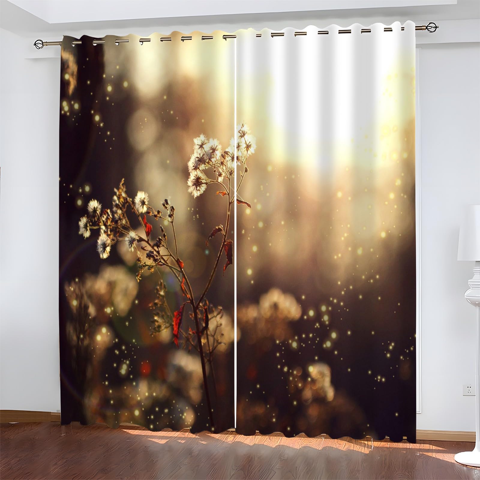 Plantes Blanches Rideaux Occultants,L120 X H200cm, Impressions 3D Rideaux (Lot de 2), Rideau Thermique Isolant Anti Froid et Chaleur,Adaptés à la Décoration de la Chambre et du Salon