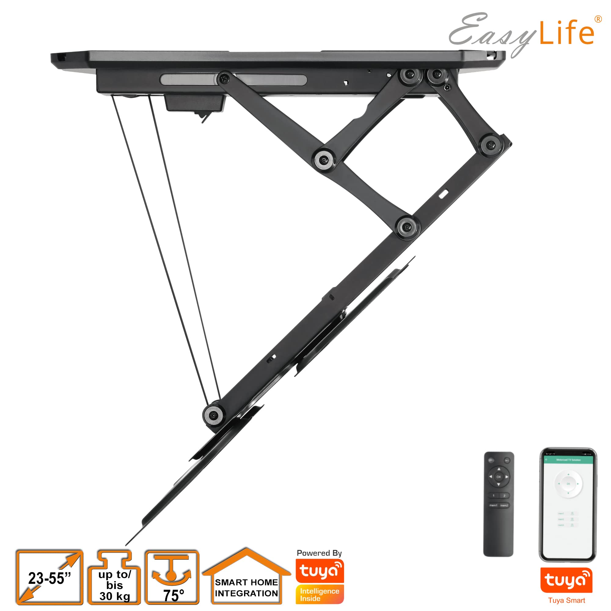 EasyLife Soporte de Techo para TV V2 con Eléctrico Y Giratorio, Integración Smart Home, de 37 A 75 Pulgadas, Soporte VESA hasta 600×400 para Televisores LCD/OLED, Monitores, Pantallas - Negro