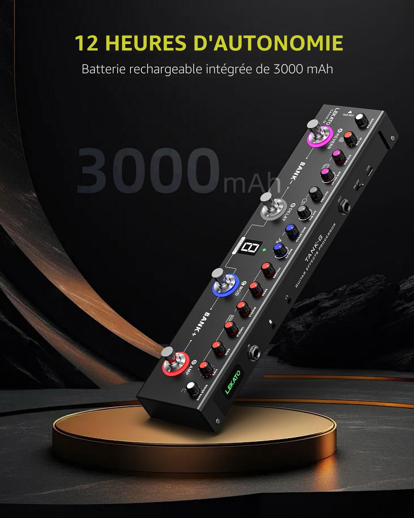 LEKATO Pédale de guitare multi-effets, 36 préréglages modifiables, chœur, retard, reverbe, MOD, recharge IR, enregistrement, tuner, batterie intégrée, connexion BT (guitare électrique)