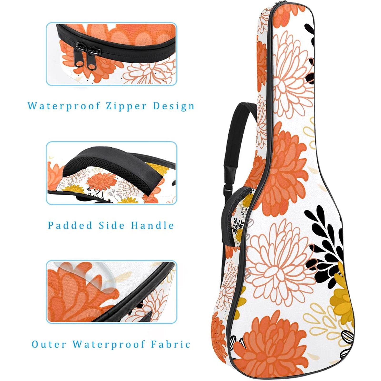 Housse de transport pour guitare avec bandoulière réglable - Pour guitare basse classique folk de moins de 106 cm - Jaune et orange - Grandes fleurs