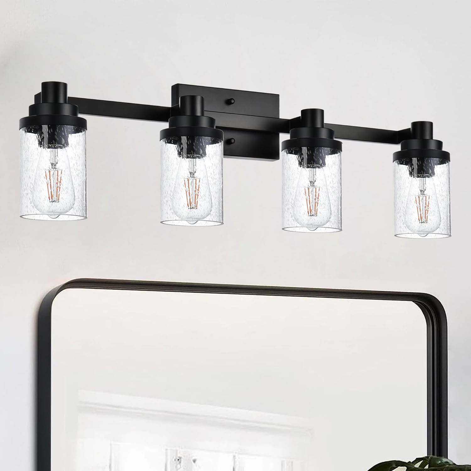 MELUCEE 4-Light Bathroom Light Fixtures, Matte Black Modern Vanity Lights with Seeded Glass Shade, Metal Indoor Wall Light Fixtures for Kitchen Powder Room Hallway Black 4-Lights