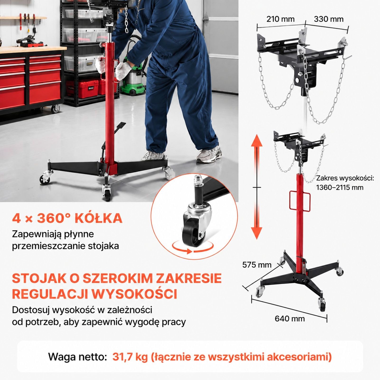 Hydrauliczny podnośnik skrzyni biegów, udźwig 500 kg, pedał nożny, koła obrotowe 360 stopni, rama X, czerwono czarny, do garażu warsztatu