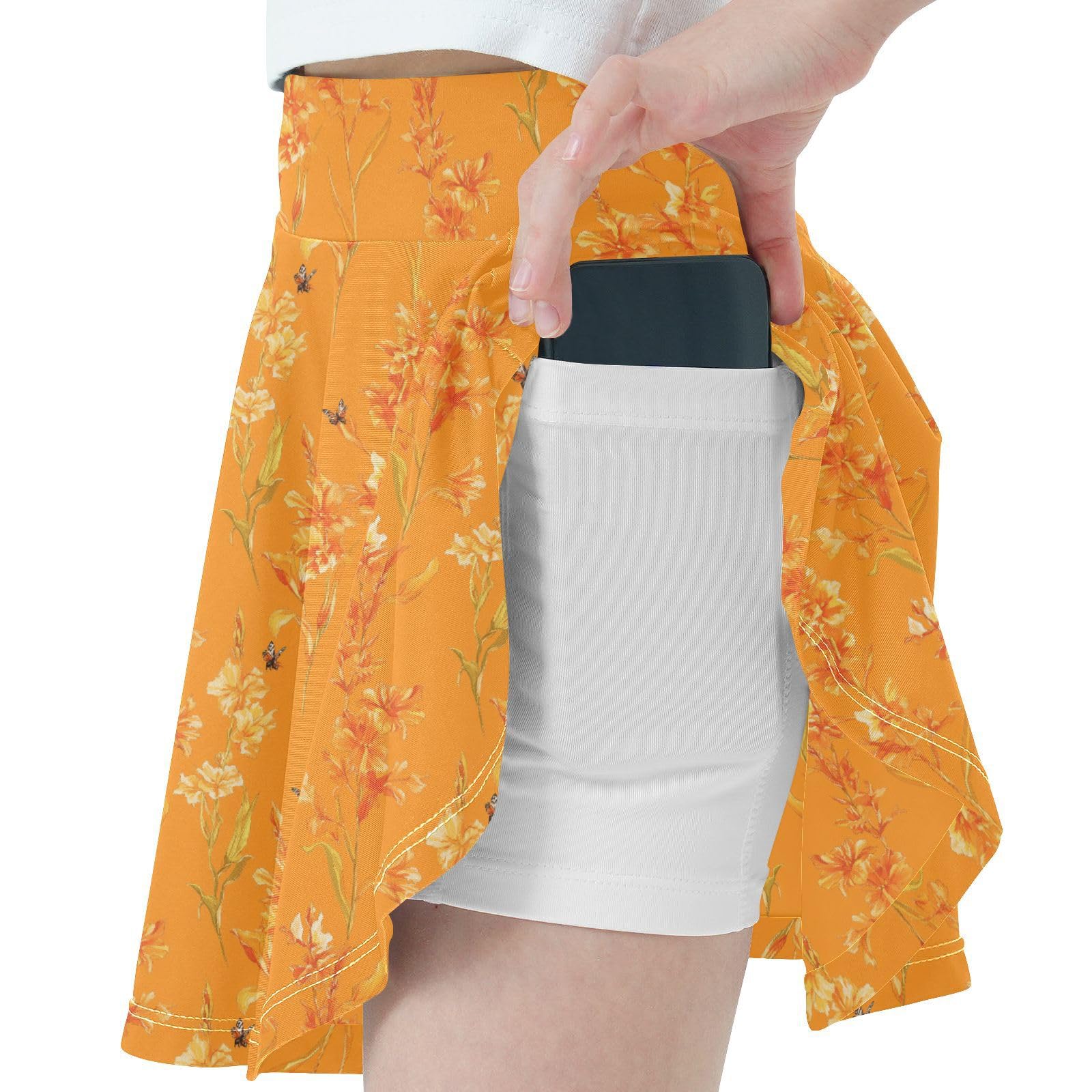 Floral in Orange Tennis Skirt for Girls with Built in Shorts Little Girl Pleated Skirt with Pockets Flowy Little Girl Skirts
